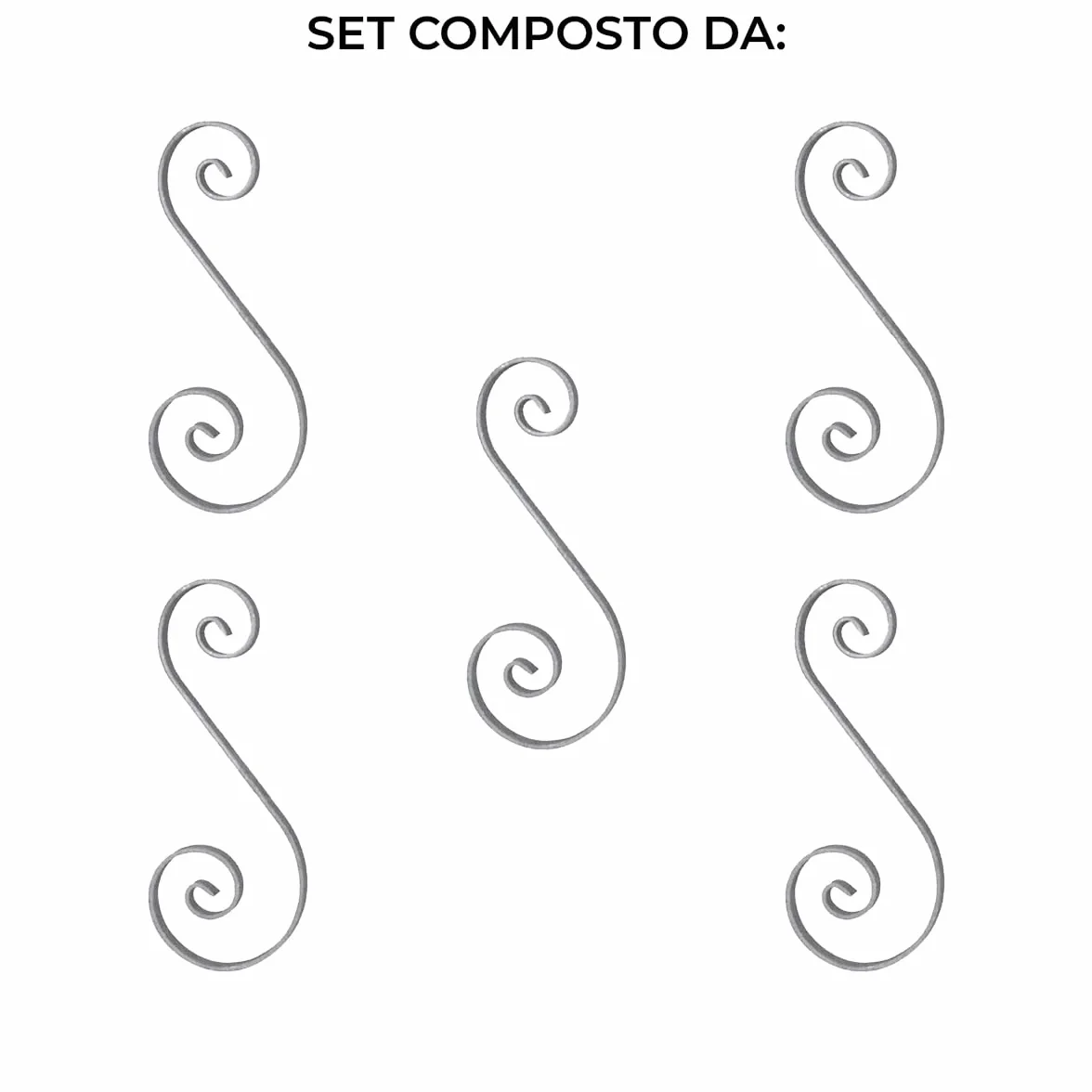 Riccio a S in ferro battuto con finali rastremato rigato H. 360 x L. 130 mm piatto 12x6 mm set 5 pezzi Made in Italy