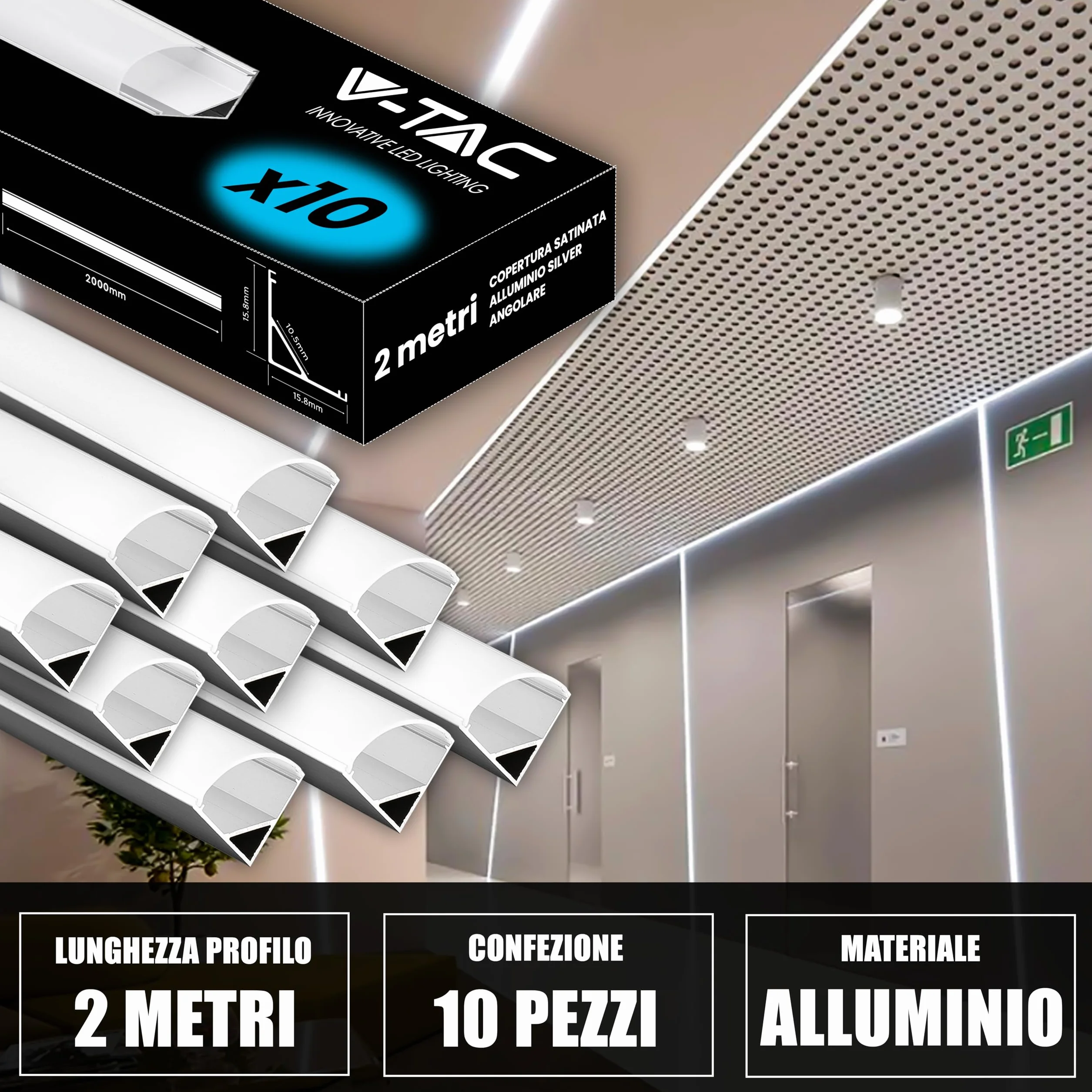 V-TAC 10x Profili Angolari da 2 METRI per Strisce Led - (20 Metri Totali) - Profili per Strisce LED in Alluminio con Copertura Satinata - Colore Argento - Angoli 21,3 x 15,8mm