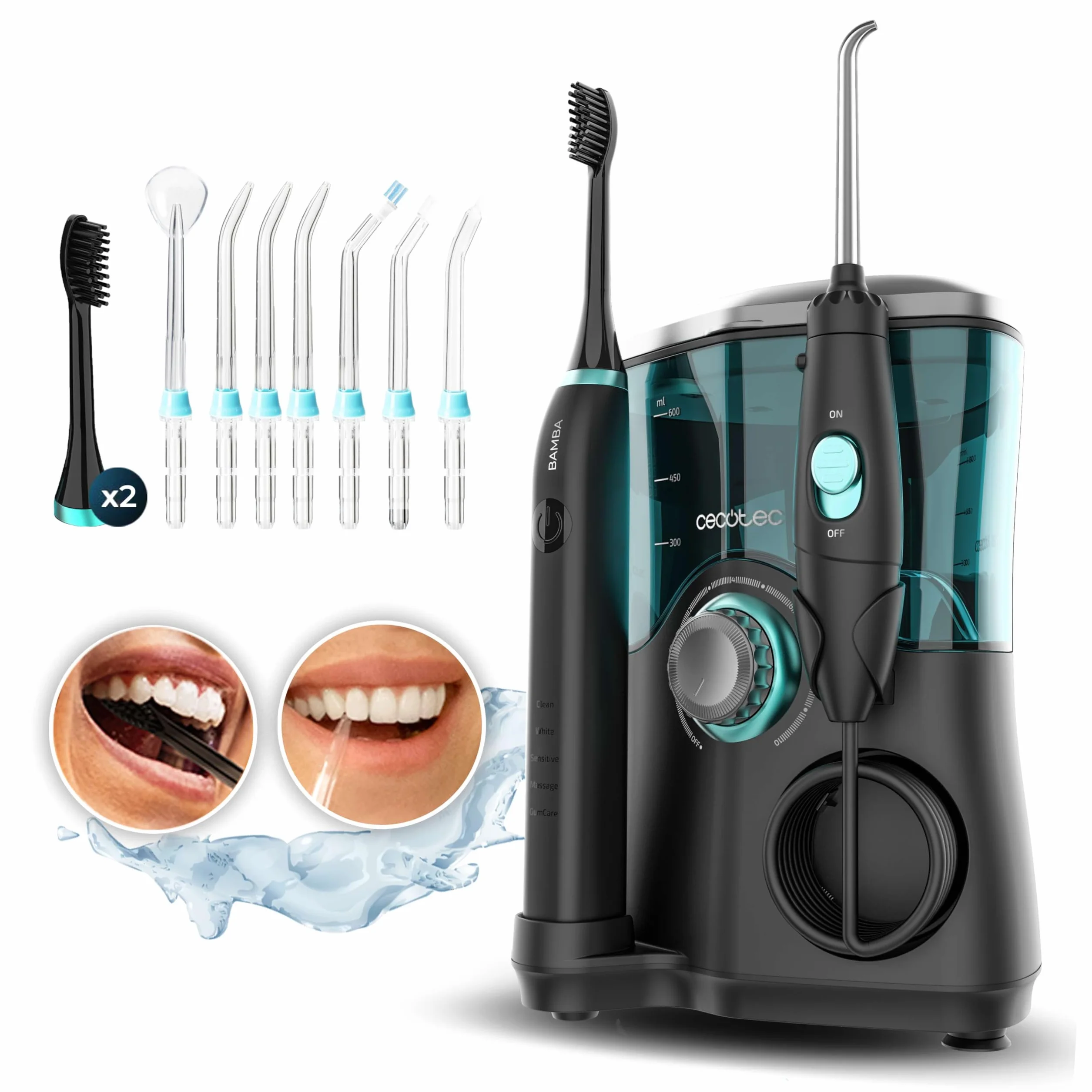 Cecotec ToothCare Jet Clean Irrigatore Dentale 18W 600ml 10 Livelli Pressione 7 Testine Spazzolino Elettrico 5 Modalità