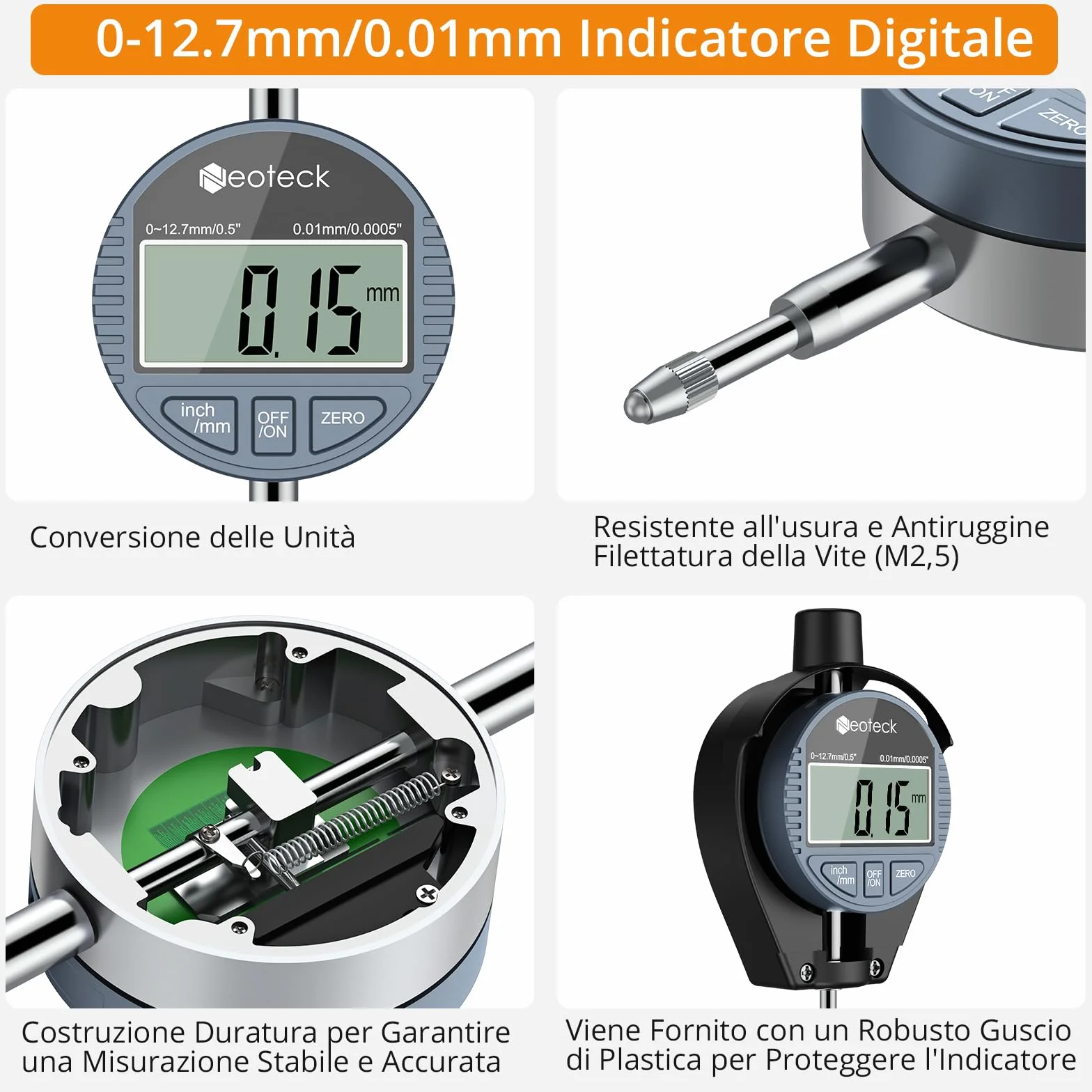 Neoteck Set di Comparatori per Alesaggio 18-160mm con Indicatore Digitale 0~12,7mm/0,5" e Custodia ABS