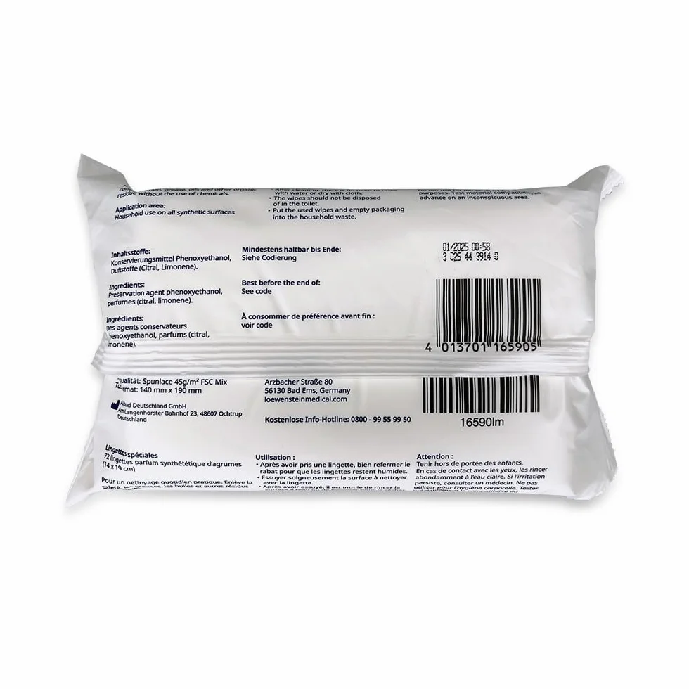 Löwenstein Salviette speciali – 1 x 72 pezzi – Fragranza: agrumi – Dimensioni panno 14 x 19 cm – Pulizia di superfici in plastica (ad esempio maschere e accessori CPAP in plastica)