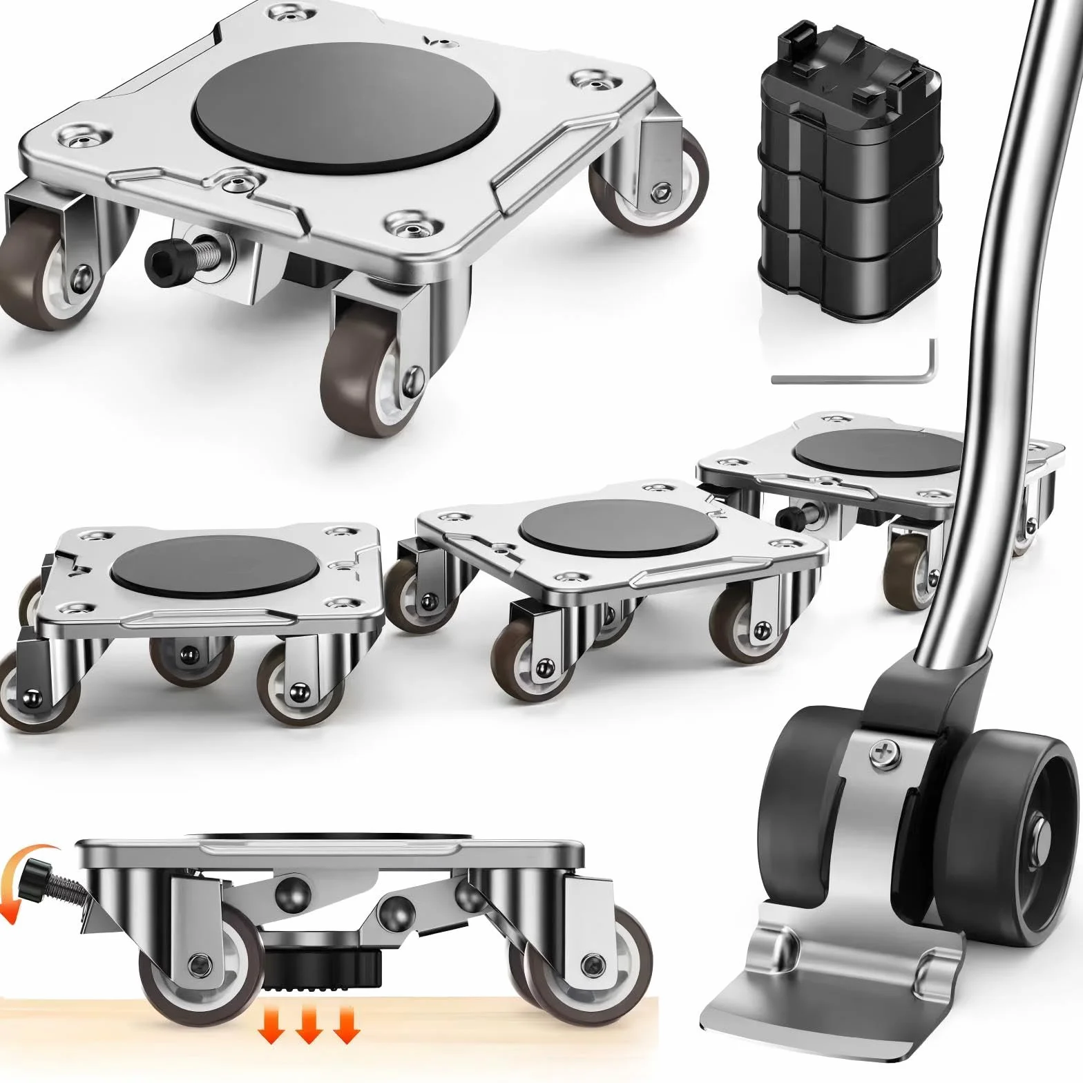 Kit Spostamento Mobili con Funzione Parking – Carrello per Mobili Pesanti con Ruote a 360°, Pannello in Acciaio al Carbonio, Portata 500 kg, Collocazione Sicura e Stabile nel Tempo
