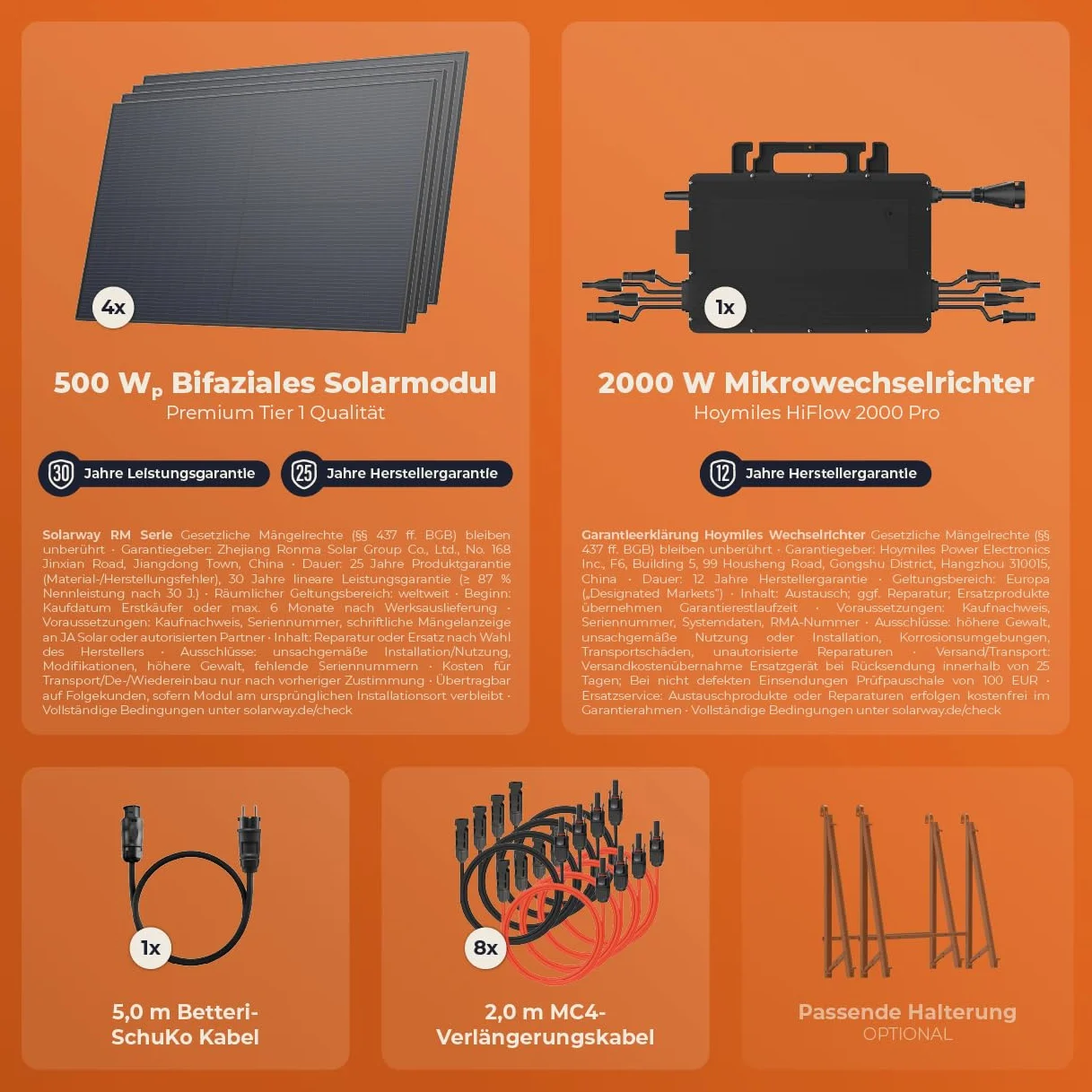 Solarway Kit di alimentazione per balcone 2000W completo con presa - Uscita regolabile 600/800/2000W - 4 moduli JaSolar da 500W, inverter con APP e WiFi, Plug&Play