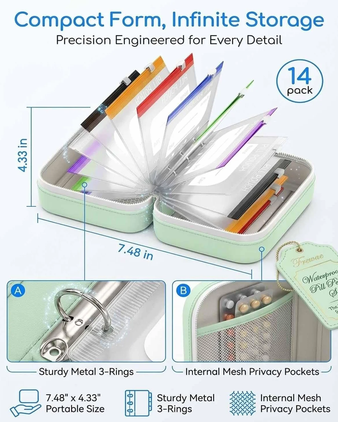 Waterproof Pill Organizer Set 14-Piece Travel Medicine Case Crush-Resistant Zippered Pouch