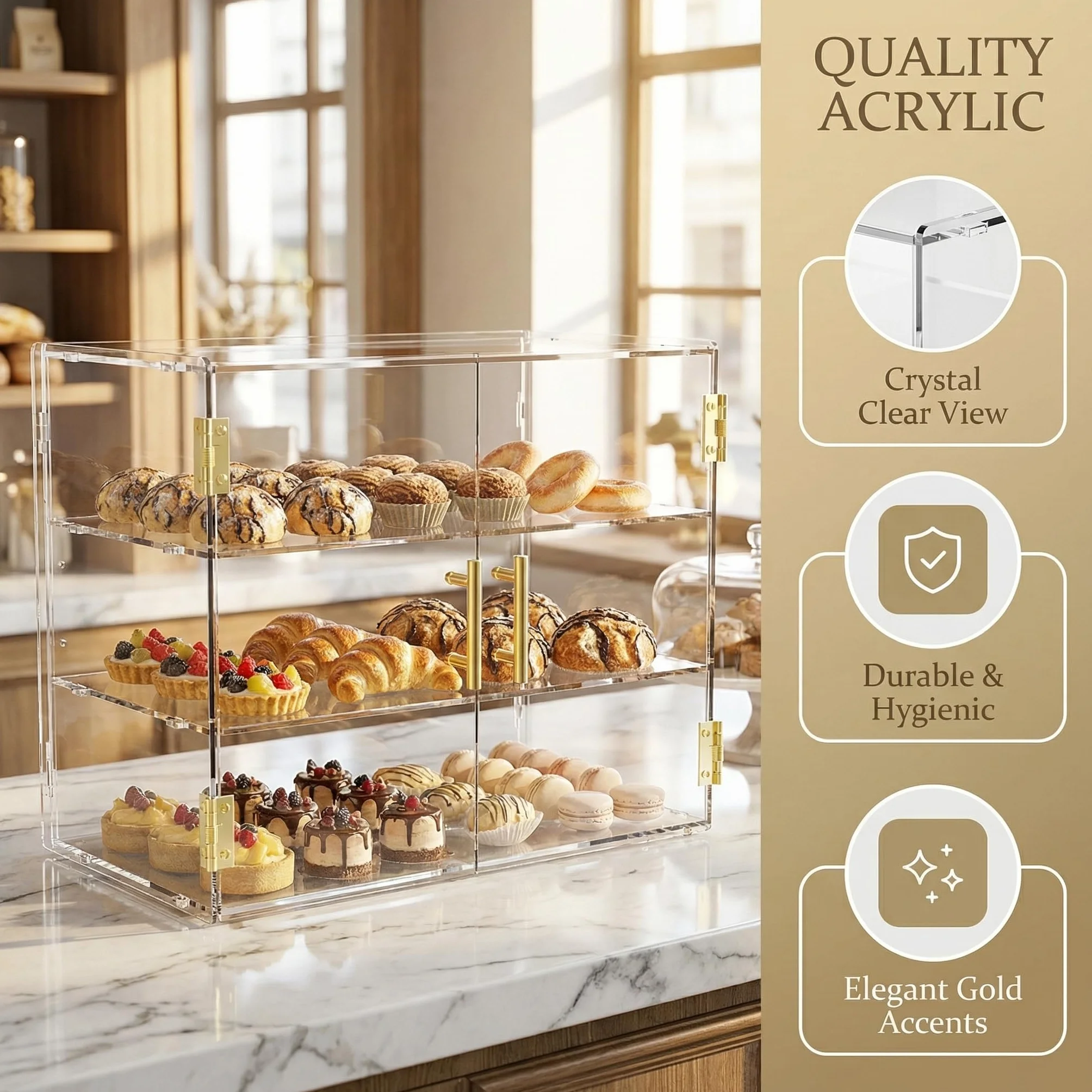 Vetrina da banco a 3 livelli con sportello automatico elastico, 49,5 x 37,8 x 26,2 cm, vetrina per pasticceria in acrilico, per pane, dessert, biscotti