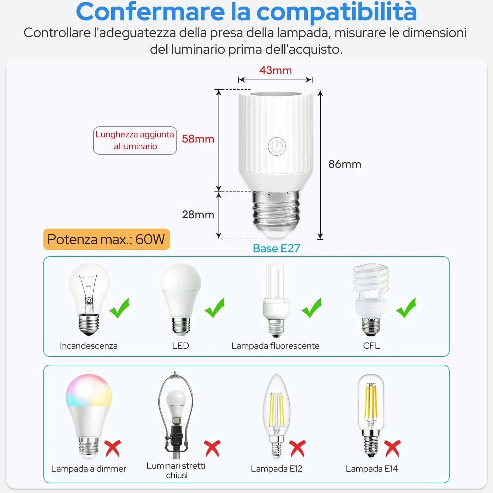 LoraTap Adattatore portalampada Wi-Fi intelligente, controllo vocale Alexa/Google, gruppi e timer Smart Life, max 60 W, lampade a incandescenza, E26/E27, confezione da 2