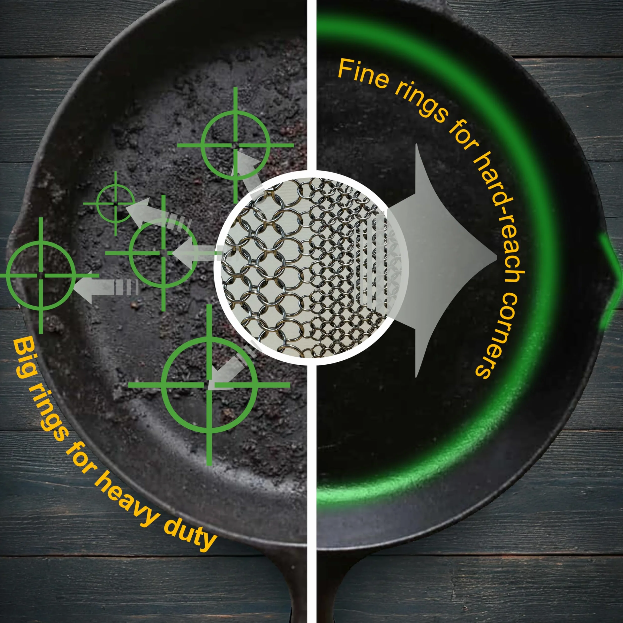 Scrubber in ghisa con anelli sottili saldati per tazze, padelle e ghisa (18 cm, 2 in 1)