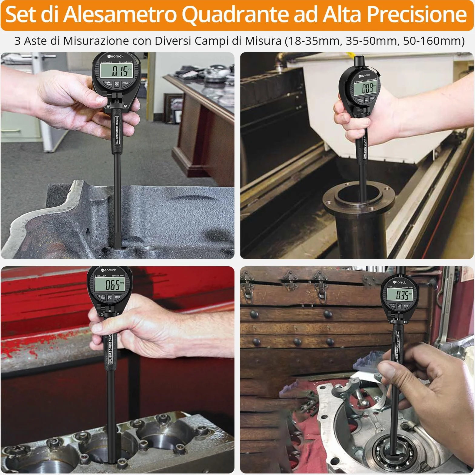 Neoteck Alesametro Digitale per Alesaggi 18-160mm/2-6" con 23 Testine, Comparatore Elettronico per Diametro Interno Set, Comparatore 0-12.7mm Precisione 0.01mm/0.0005" per Cilindri Motori e Officina