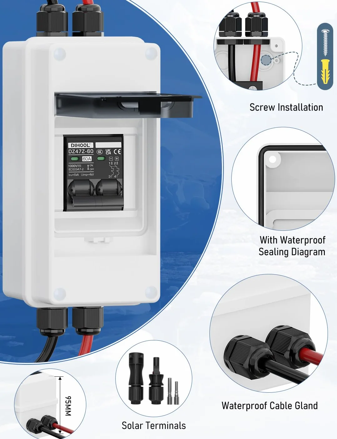 DIHOOL Interruttore automatico fusibile CC 60A IP65 DC 1000V per sistema solare fotovoltaico