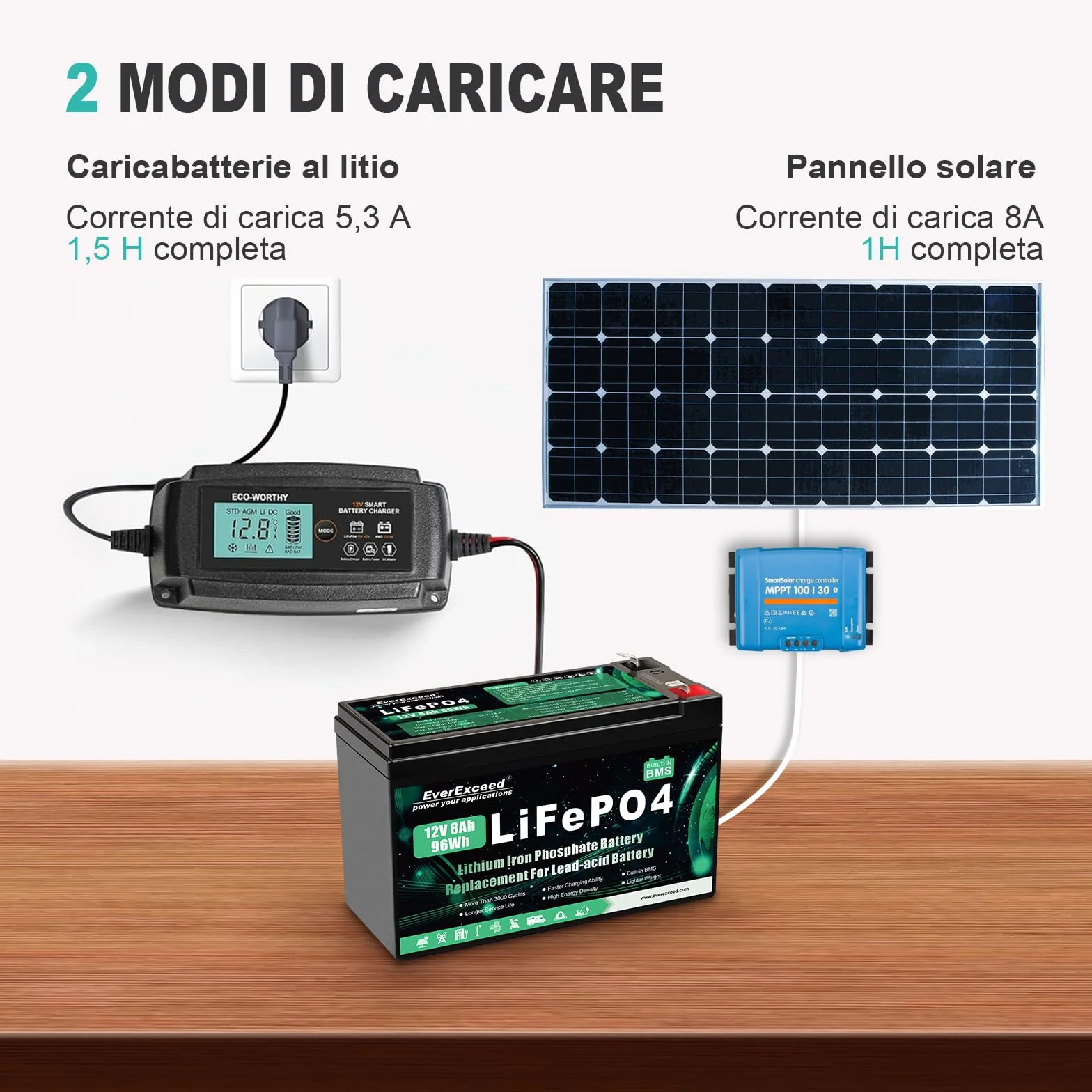 Batteria Lifepo4 da 12V 8 Ah con Oltre 3000 Cicli di Scarica Profonda Batteria Litio da 12 V per Energia Solare/Eolica, illuminazione, Pesce Rilevatore e Altro, con BMS da 10 A integrato