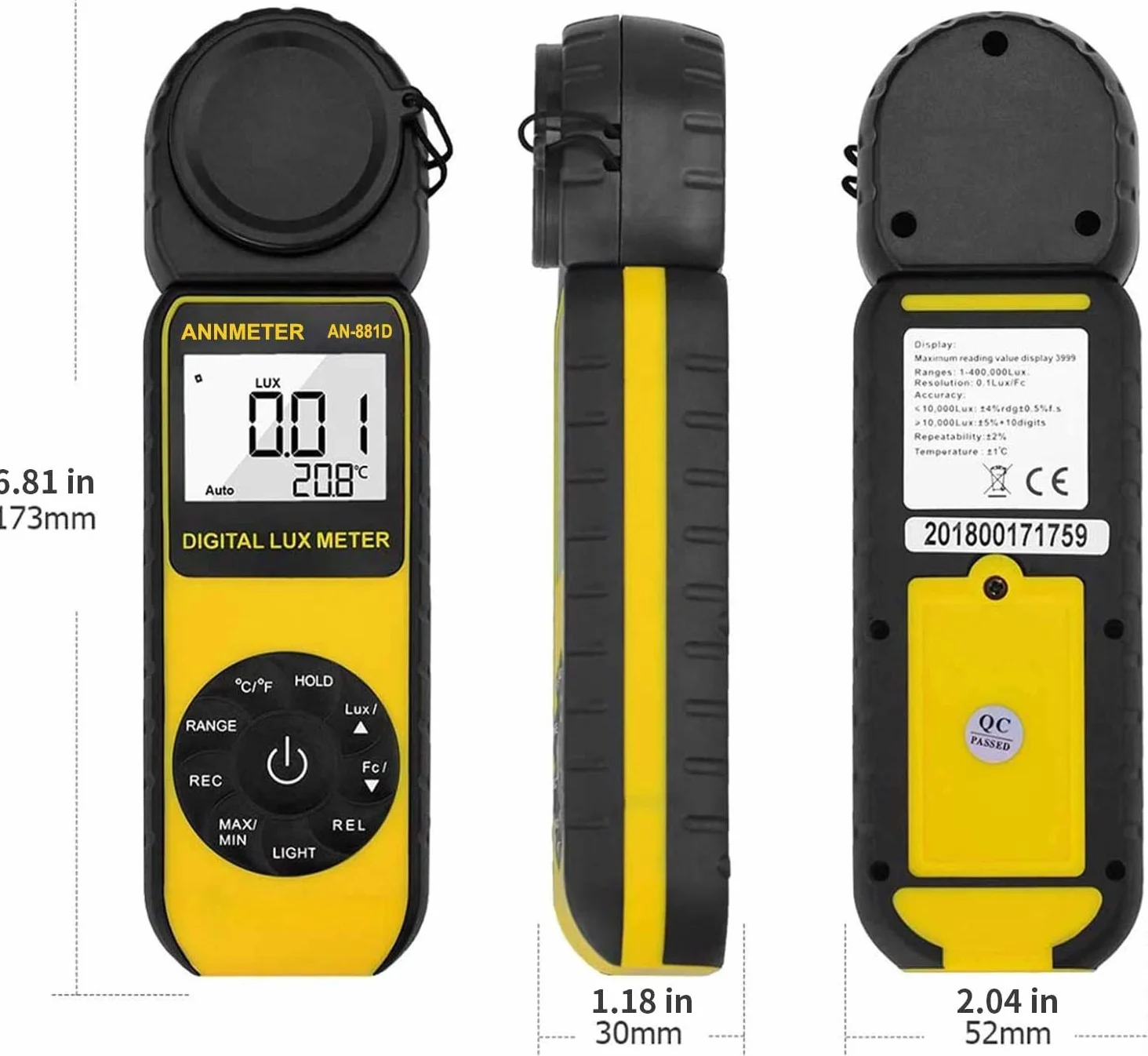 AIOMEST Luxmetro Digitale Portatile, Rilevatore di 0,01~400.000 Lux Rotante, Misuratore di Illuminamento a 270° per Luce di Crescita Delle Piante, Luci esterne per Interni, Acquario, AI-881D, Giallo