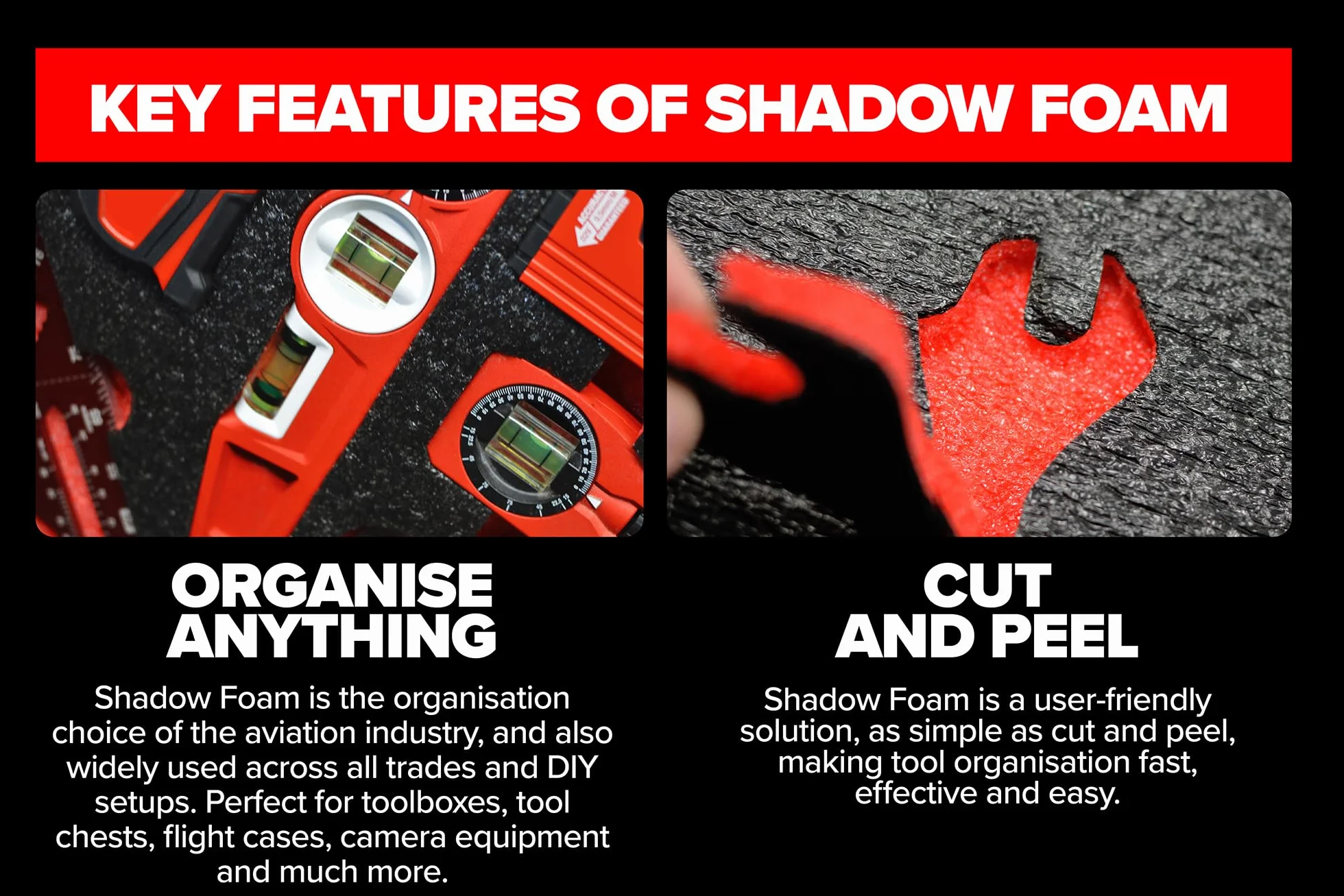 Confezioni Piccole Shadow Foam 3 pezzi | Inserti in Schiuma per Cassetta degli Attrezzi - Foglio di Schiuma 40x32cm per Organizzazione degli Attrezzi DIY & Sistemi di Conservazione degli Utensili