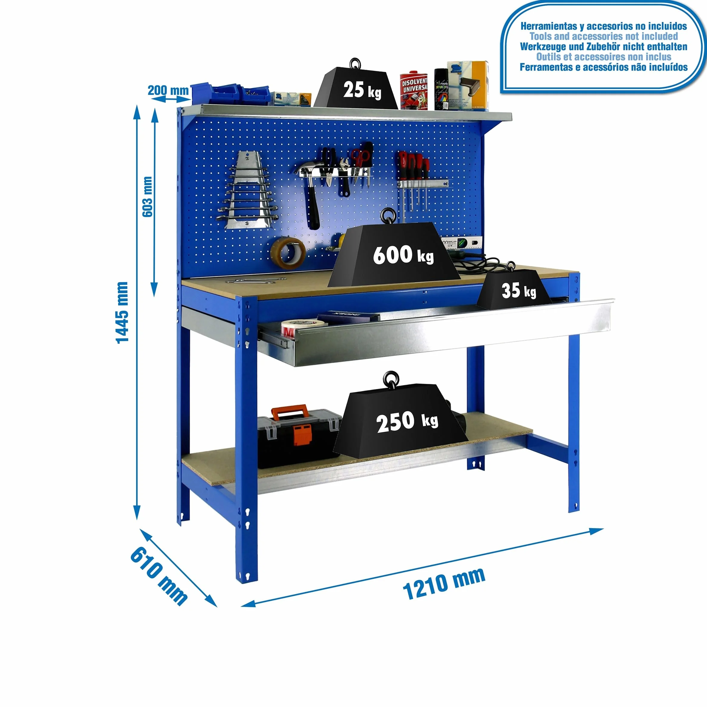 Simon Rack Banco da lavoro per officina, capacità di carico 600 kg, 1445x1210x610 mm, Pannello Forato, Ripiano per cassetti, Tavolo da lavoro fai da te, Blu/Legno - BT3