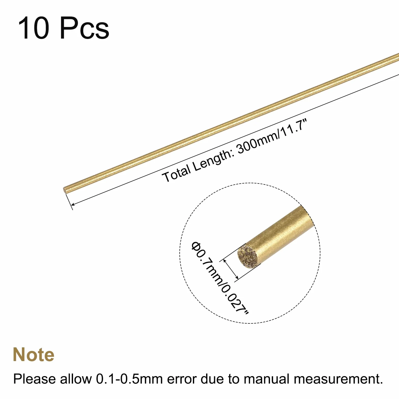 sourcing map Asta in ottone, asta rotonda in ottone, diametro 0,7 mm, lunghezza 300 mm, per modelli RC fai da te, confezione da 10