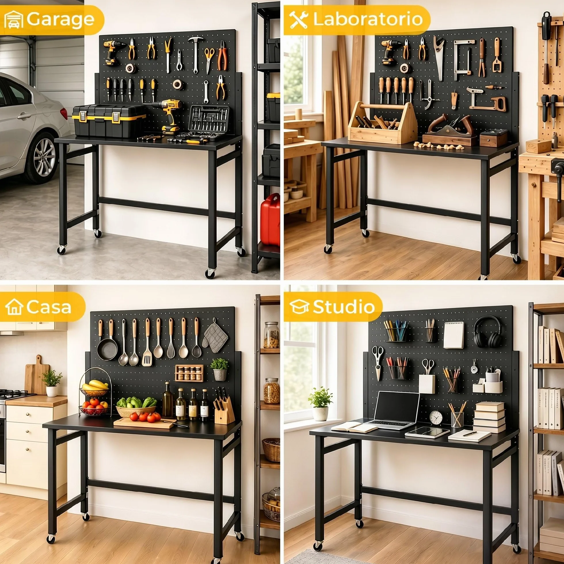 HOMCOM Banco da Lavoro Pieghevole 9cm, Tavolo da Lavoro con Pannello Forato e 30 Ganci, Ruote, 115x62x143.5cm, Piano Spesso in Legno, Struttura in Acciaio, Garage, Officina e Casa, Portata 120kg, Nero