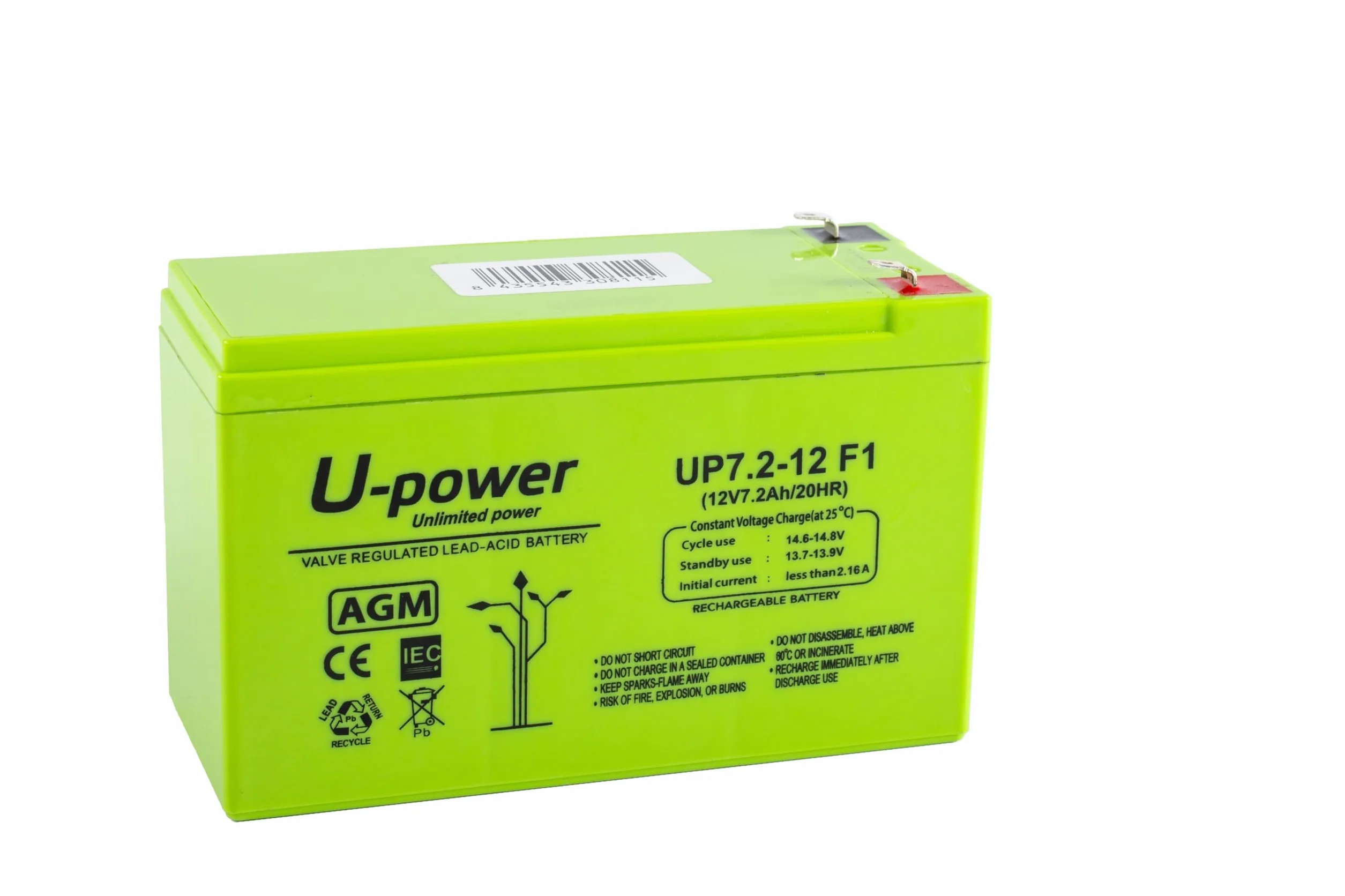 U-Power Batería piombo AGM Sigillata 7.2Ah 12V Faston F1 4.8mm