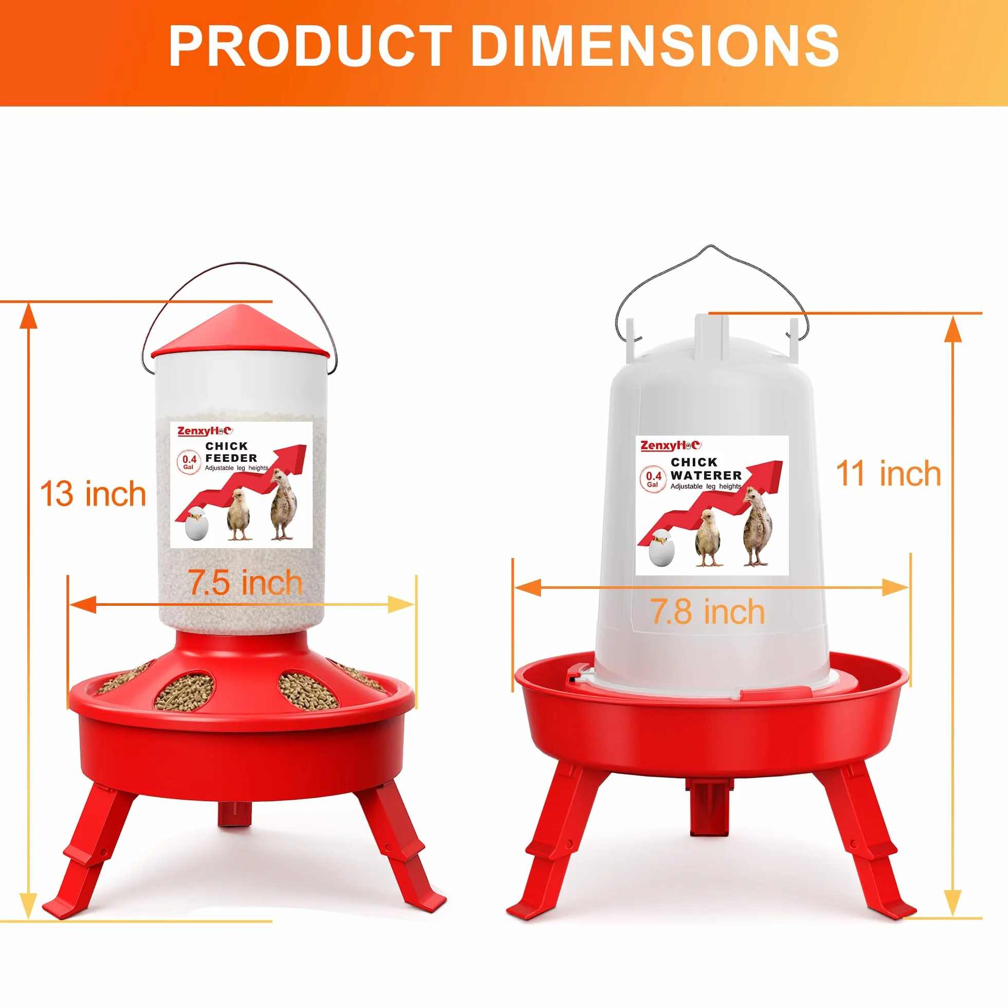 ZenxyHoC Set mangiatoia abbeveratoio pulcini 1,5 l 3 gambe regolabili rosso