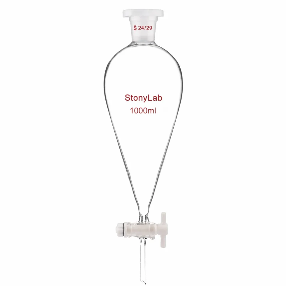 StonyLab Imbuto Separatore Conico da 1000ml in Vetro Borosilicato Pesante con Giunti 24/29 e Rubinetto di Chiusura in PTFE Conical Separatory Funnel - 1000ml