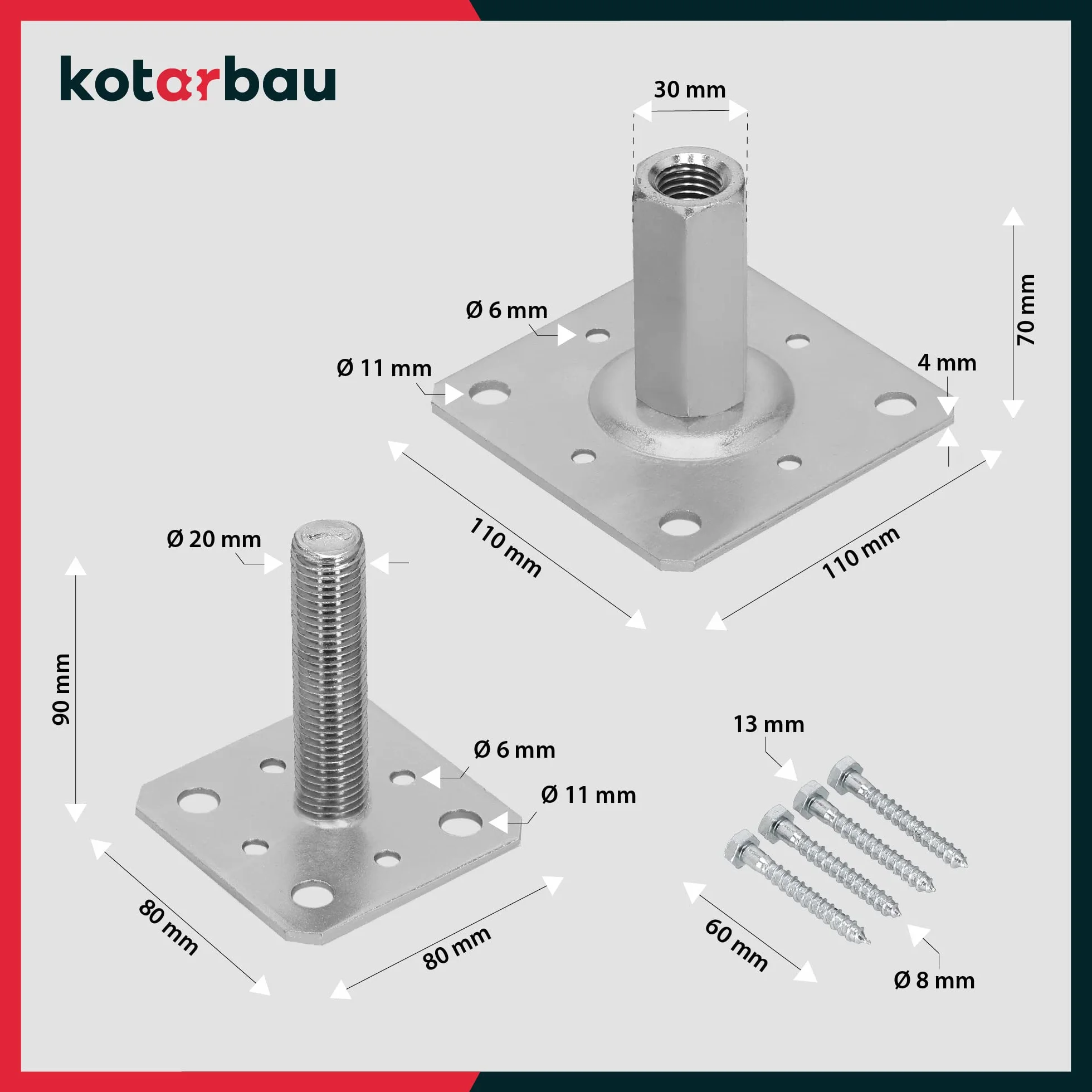 KOTARBAU® Supporto per Pali in Legno Acciaio Zincato 80 x 80 mm Altezza Regolabile 90-150 mm