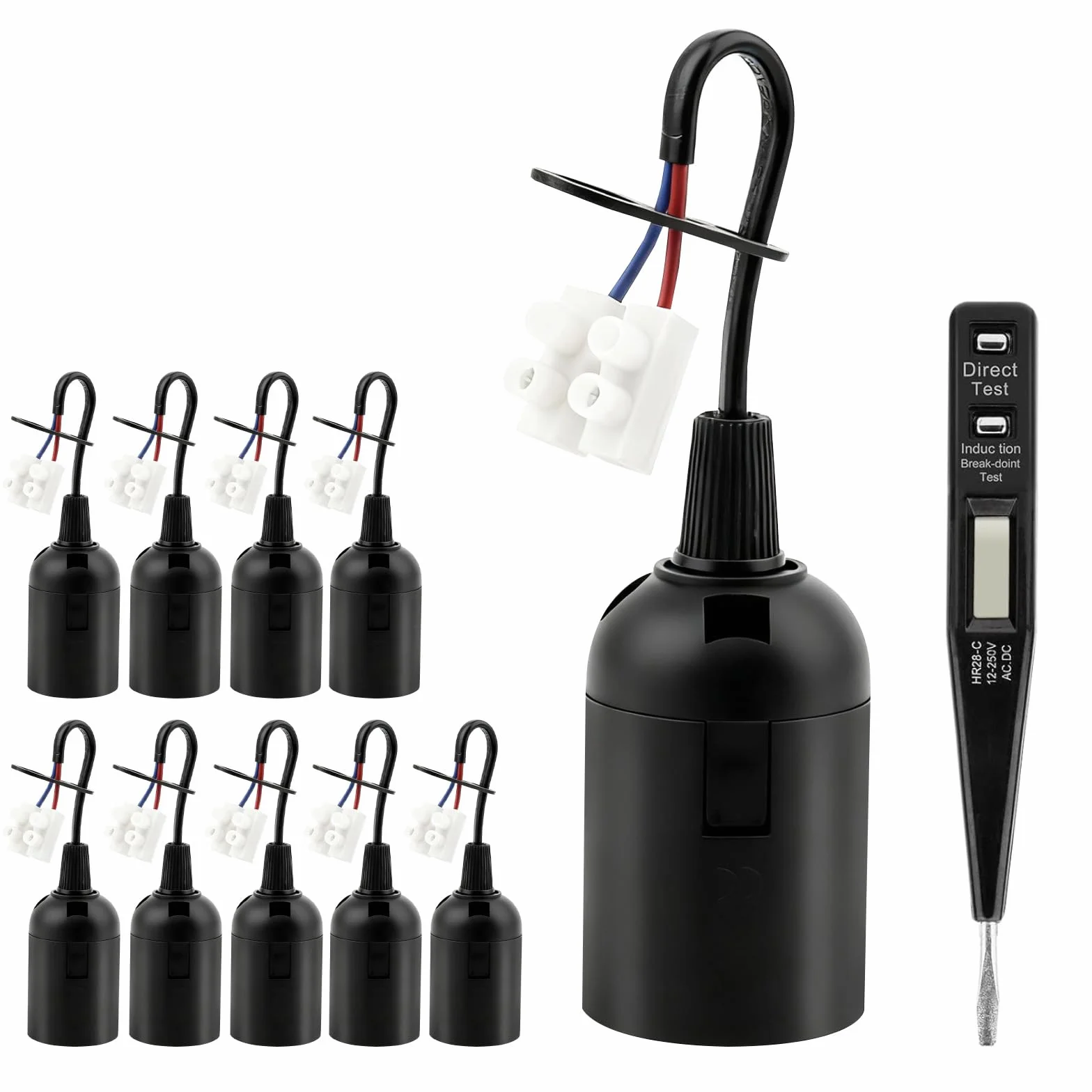 10 Pezzi Portalampada E27, Porta Lampada Soffitto, Portalampada con Cavo, Porta Lampada Esterno con Tester Tensione per Cantiere, Lavori, Ristrutturazione, Lampade Sospensione, Cucina, Nero