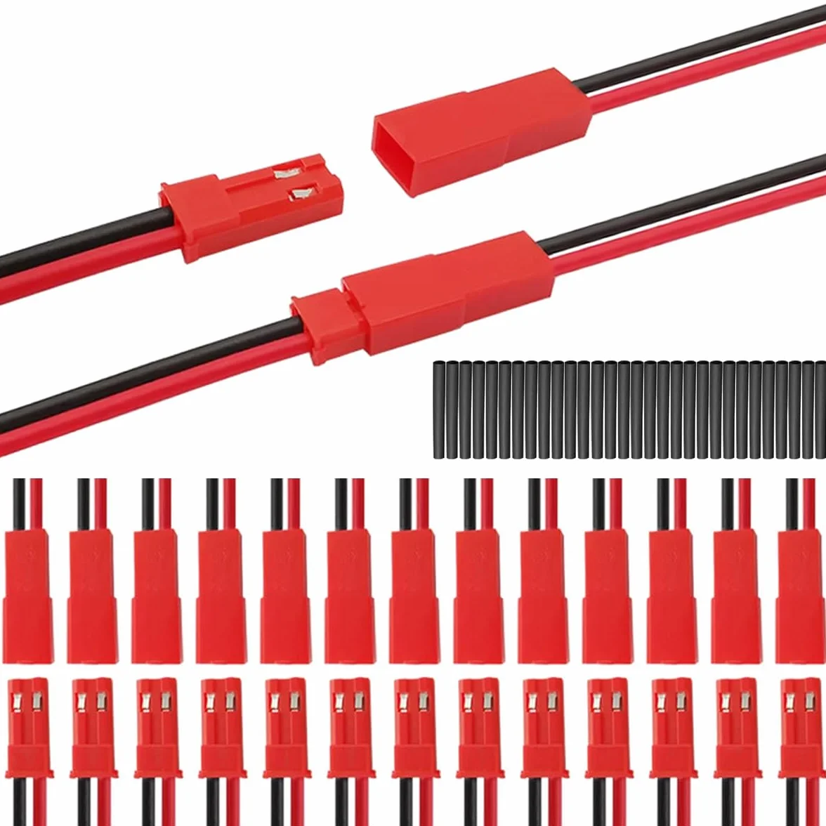 JST SYP - Cavo connettore maschio e femmina da 2,5 mm, 2 pin, 15 paia, con UL1007 20AWG 100 mm, rosso e nero, cavo e tubo termorestringente per striscia di lampade a LED, giocattoli