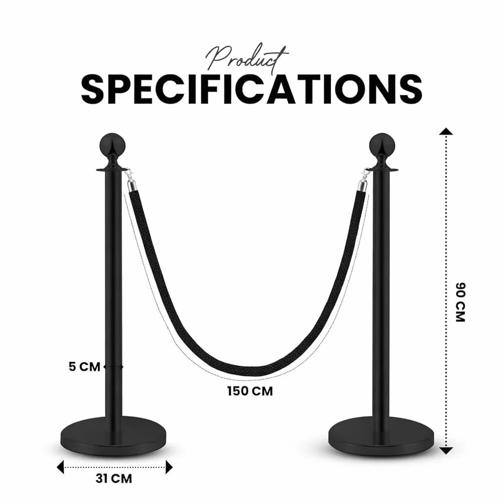 Pali distanziatori in acciaio inox nero, 2 pezzi, 90 cm di altezza, con corda nera da 1,5 m, connessione a 4 vie, base da 31 cm di diametro, controllo della folla