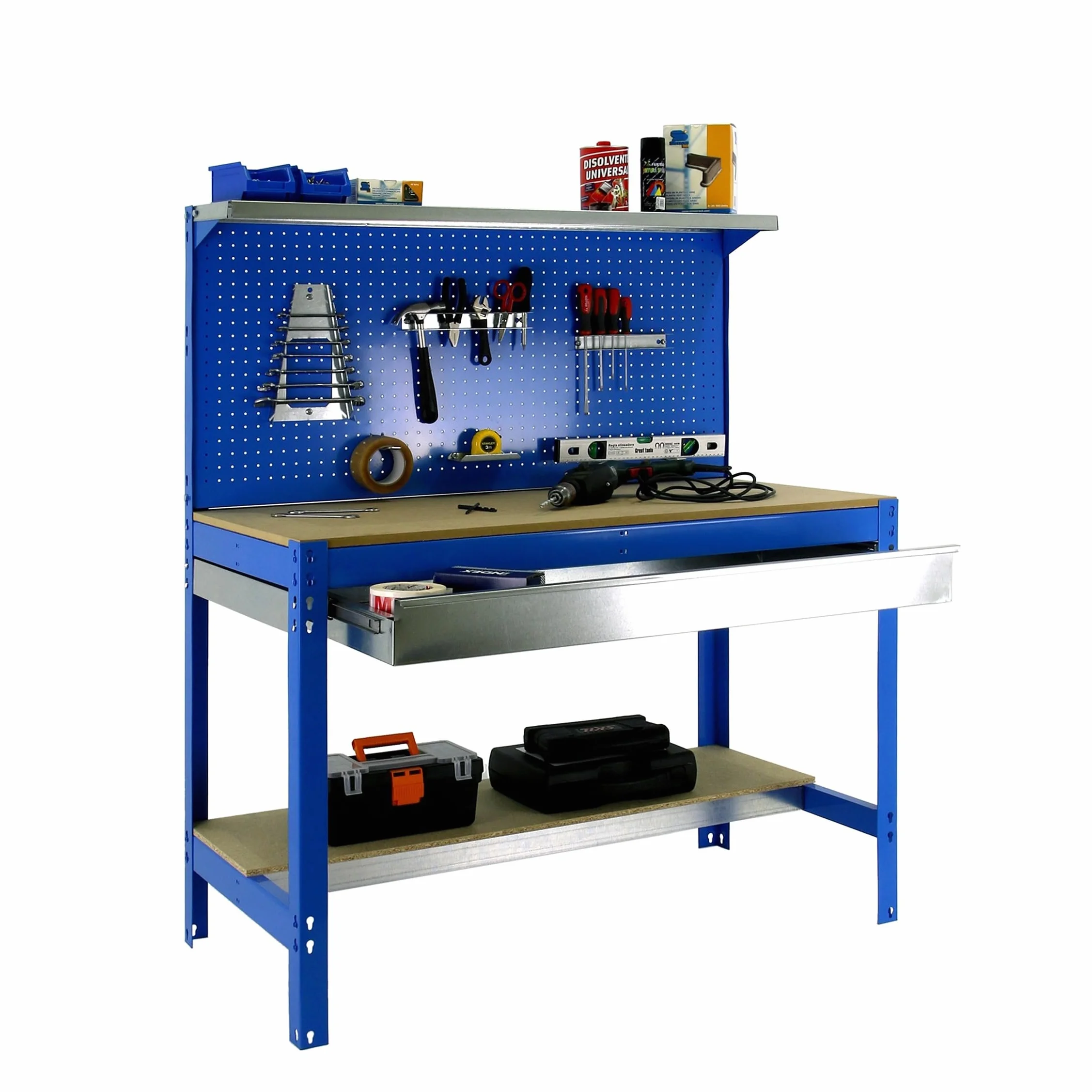Simon Rack Banco da lavoro per officina, capacità di carico 600 kg, 1445x1210x610 mm, Pannello Forato, Ripiano per cassetti, Tavolo da lavoro fai da te, Blu/Legno - BT3