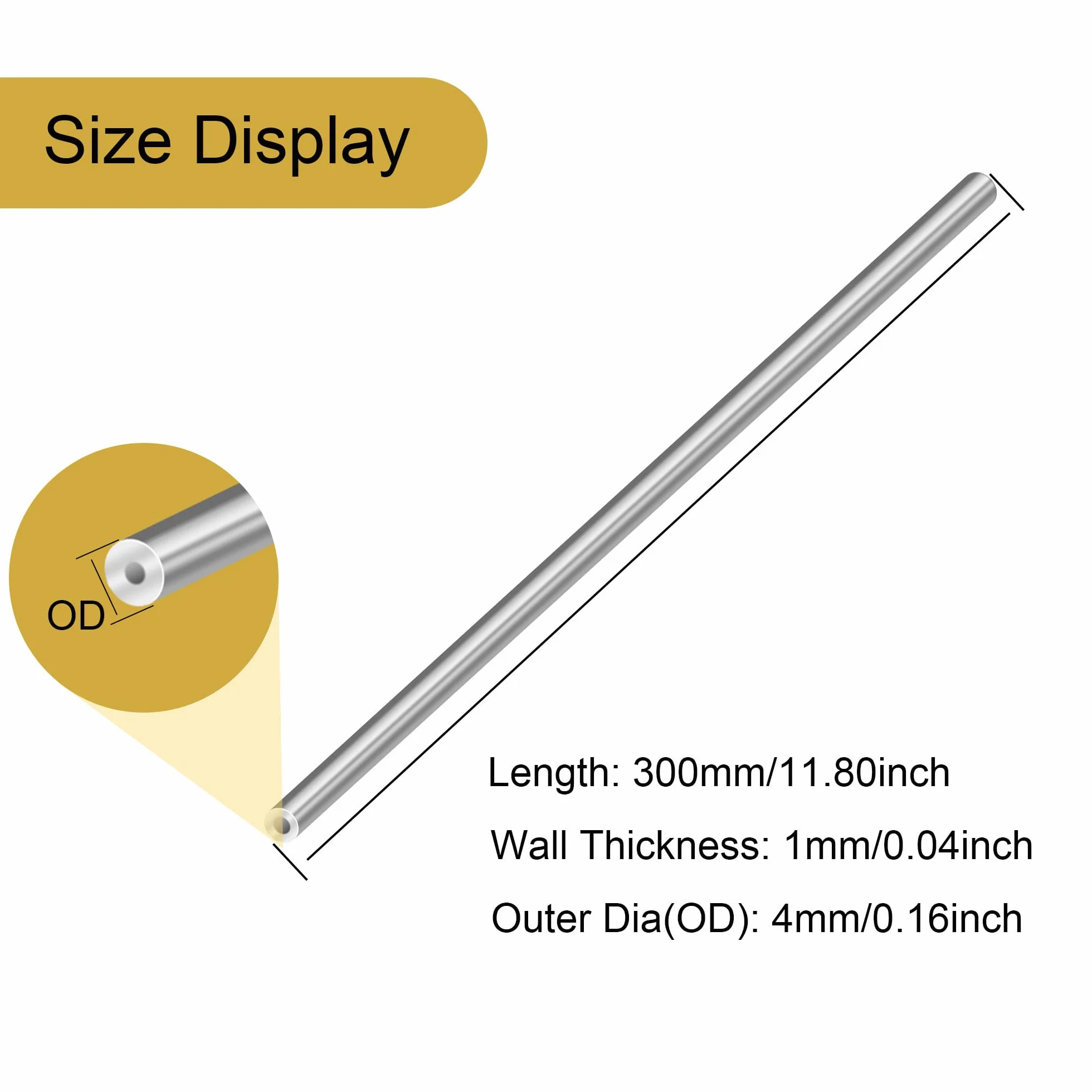 Tubo in acciaio inossidabile 304, diametro esterno 4 mm x spessore 1,0 mm, lunghezza 300 mm, 4 pezzi