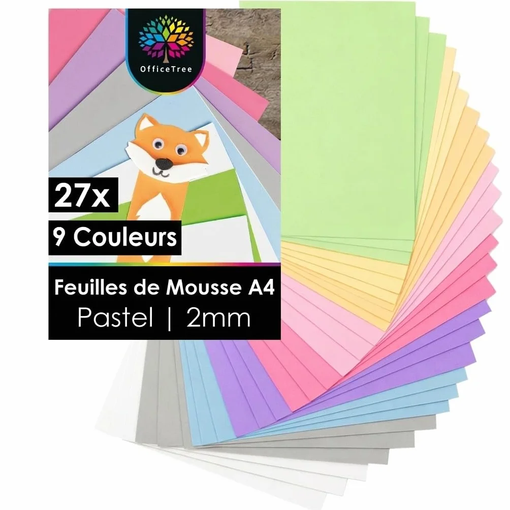 OfficeTree 27x Fogli Gomma EVA Pastello A4 2mm 9 Colori Non Autoadesivo per Lavoretti Bricolage Scrapbooking