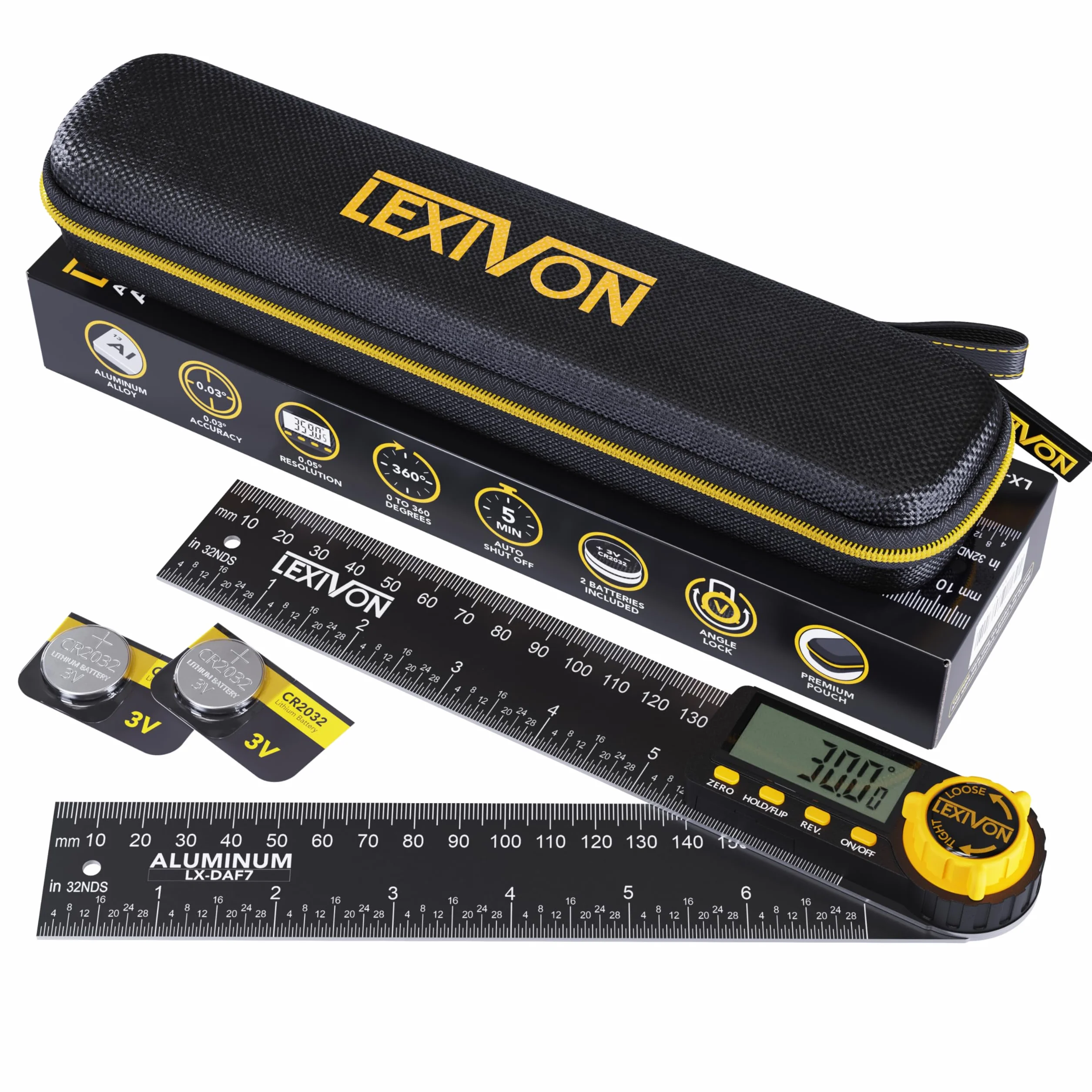 LEXIVON Calibro Digitale in Alluminio, goniometro Multiuso da 180 mm, Include Display XL e Robusta Custodia con Cerniera (LX-DAF7)