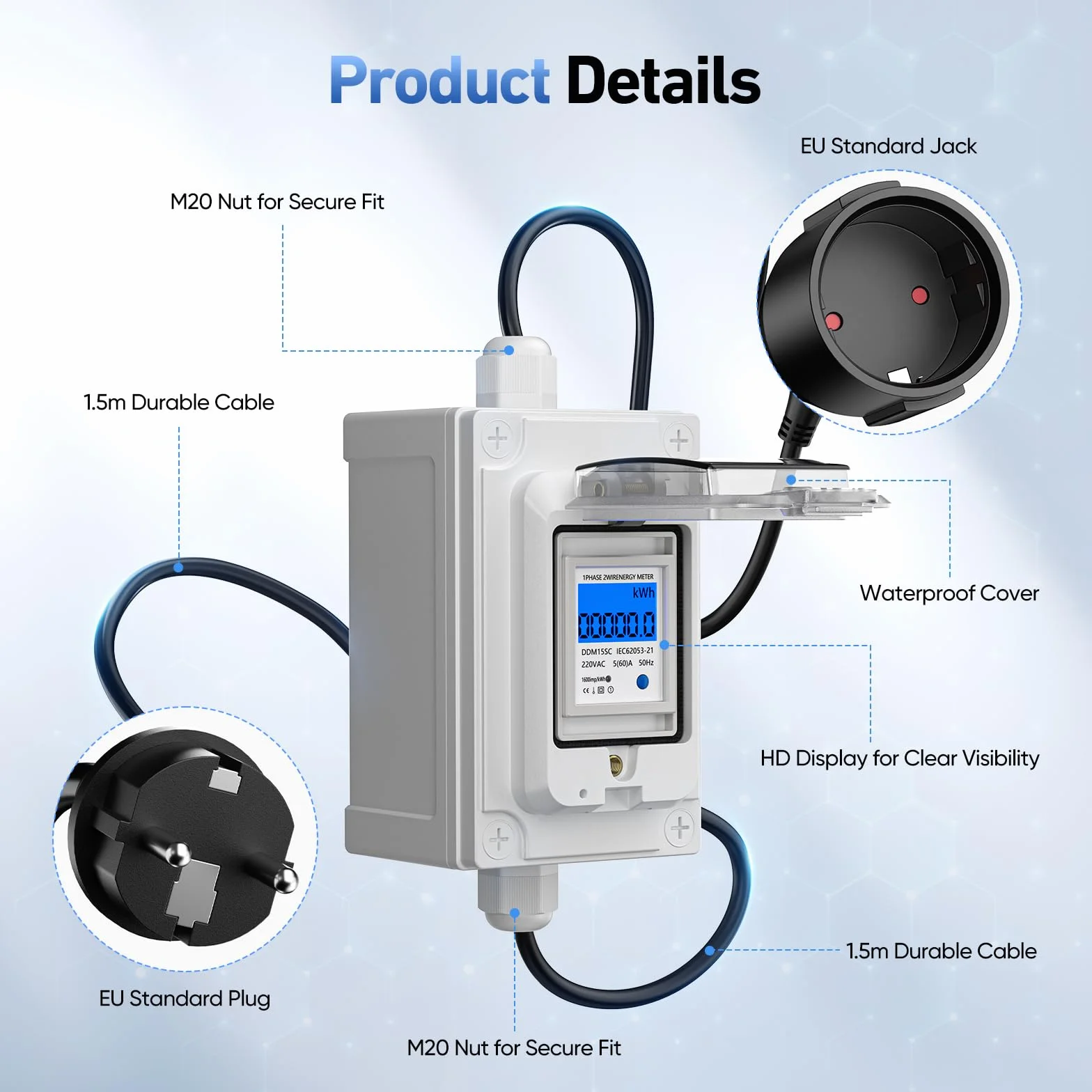 Contatore elettrico digitale portatile 230 V, monitor del consumo di energia con spina industriale/cavo in gomma, monitor di energia portatile impermeabile IP67 per camper/elettricità
