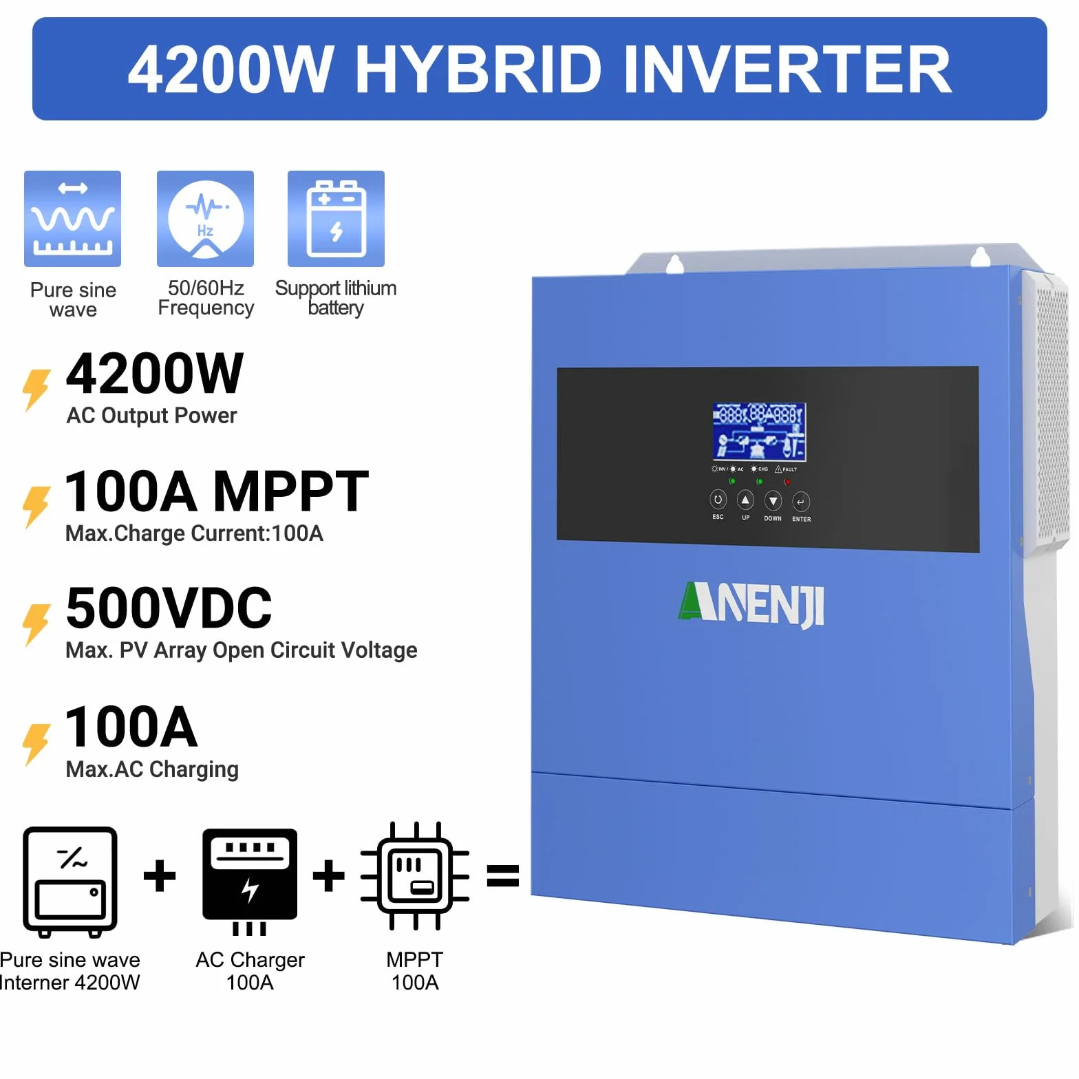 4200W Inverter ibrido a onda sinusoidale pura, Tensione a Circuito Aperto Fotovoltaico 60–500 Vcc Dotato di un MPPT da 100A e di un modulo WiFi integrato, Supporta la modalità senza batteria