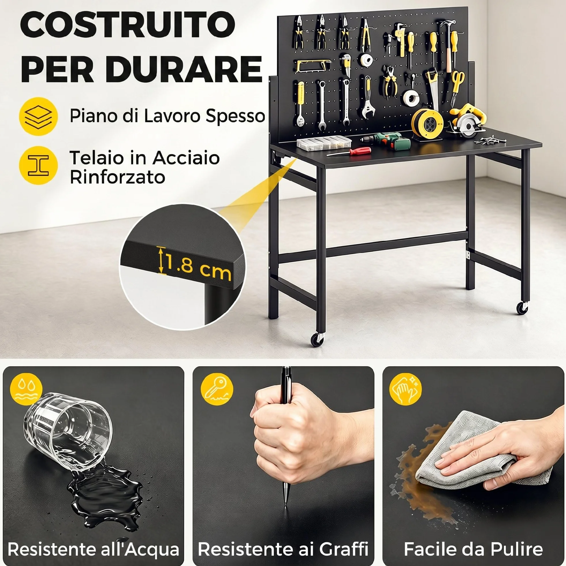 HOMCOM Banco da Lavoro Pieghevole 9cm, Tavolo da Lavoro con Pannello Forato e 30 Ganci, Ruote, 115x62x143.5cm, Piano Spesso in Legno, Struttura in Acciaio, Garage, Officina e Casa, Portata 120kg, Nero