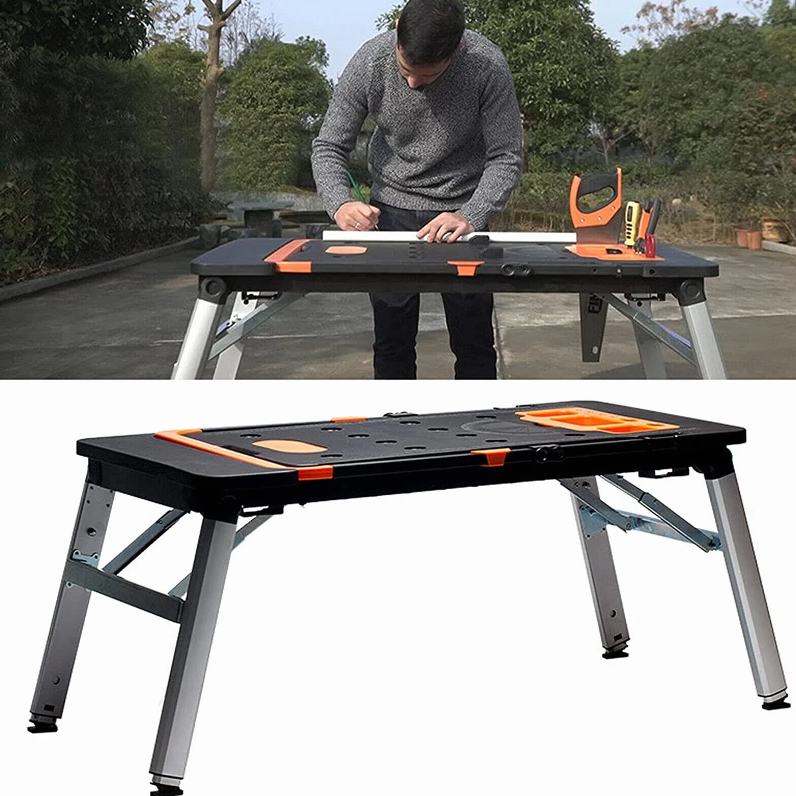 Banco da lavoro universale pieghevole 7 in 1 Tavolo multifunzione Skateboard Carrello a mano Cavalletto da segare Gambe da tavolo regolabili in altezza 1140 x 590 mm