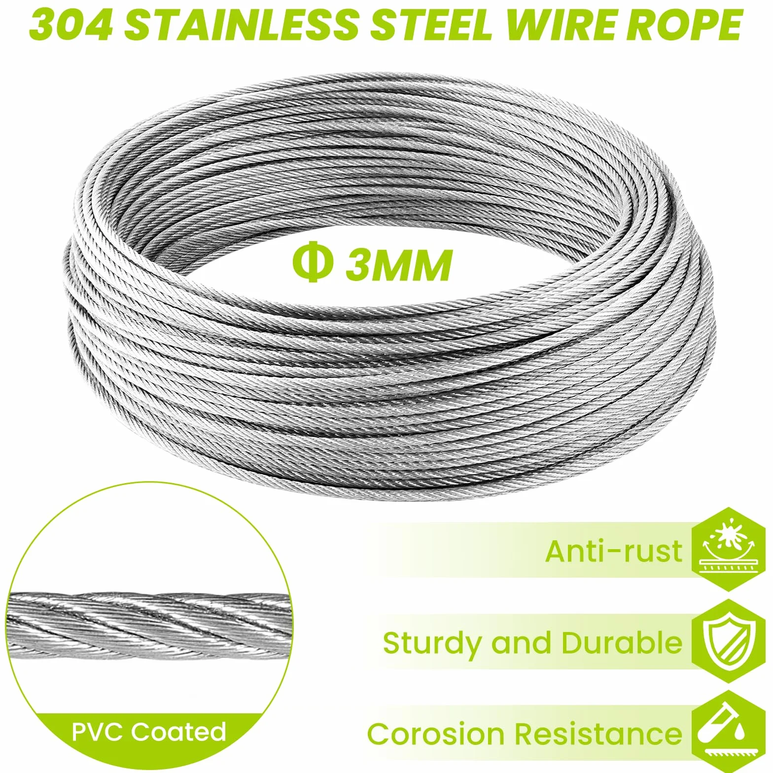 Zorplex 30M Cavo in Acciaio Inox Kit, 3mm Fune Acciaio in PVC Rivestito con Tenditore M5, Fune Metallica Resistente per Piante Rampicanti, Stendibiancheria, Illuminazione Esterna e Progetti da Giardi