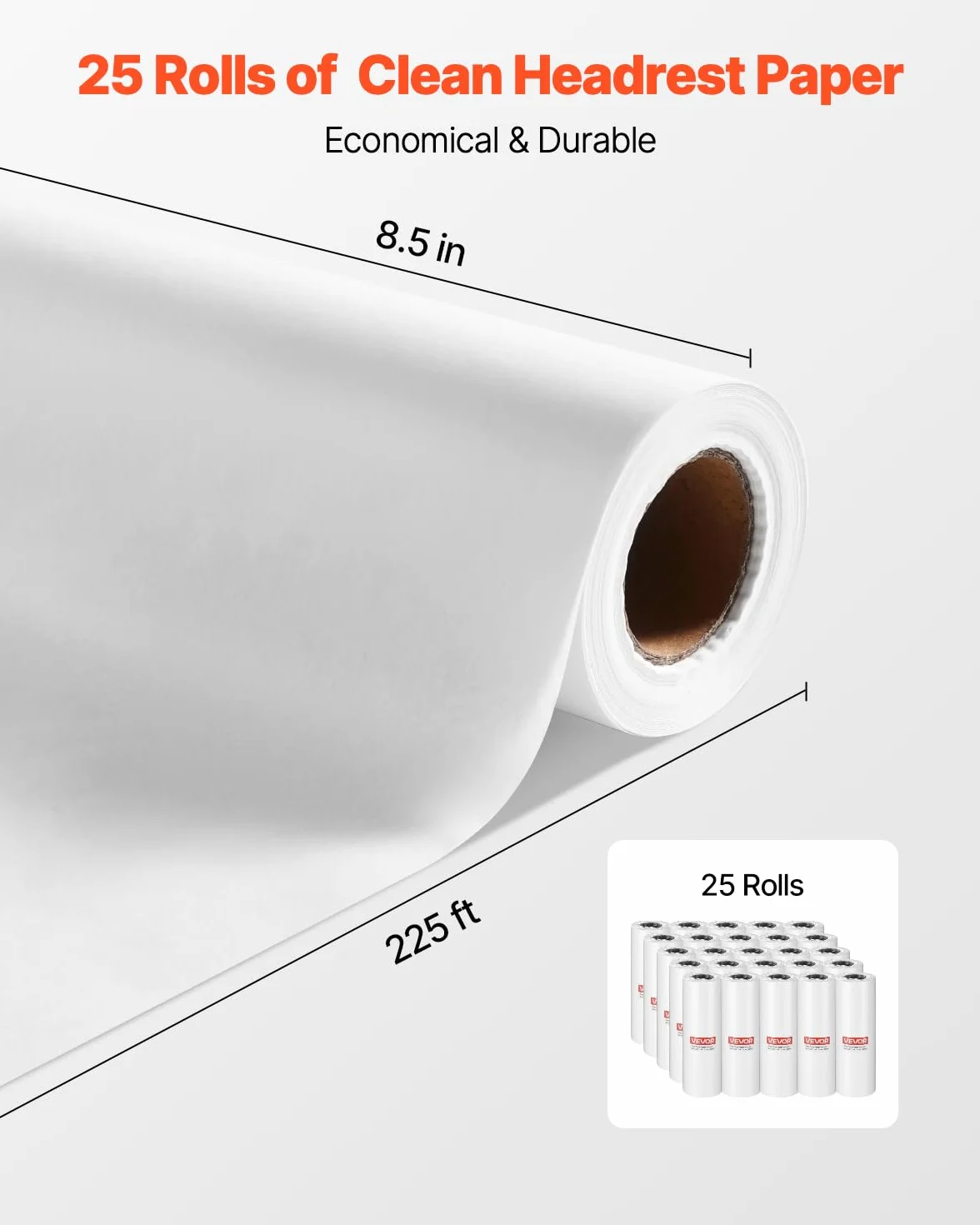 VEVOR Rotoli Carta Poggiatesta 25 Pezzi 21,6 cm x 68,9 m Monouso Visita Medica Superficie Liscia Bianco