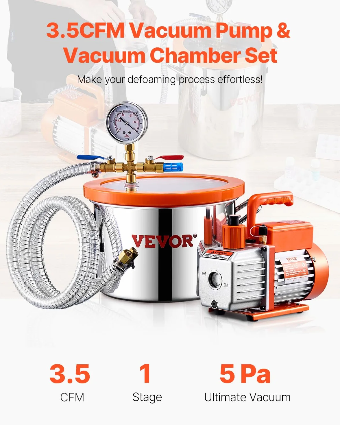 VEVOR Kit Camera a Vuoto 5,67 L e Pompa 2,12L/s, in Acciaio Inox, Camera di Degasaggio Pompa a Vuoto Monostadio, con Coperchio, Olio, Tubo Flessibile, per Degasaggio Resina Epossidica Siliconica