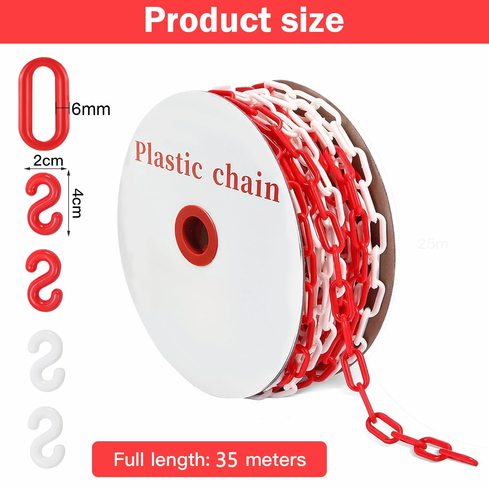 Catena di sicurezza in plastica, 35 m, 35 m, in plastica, 6 mm, con 6 ganci a S, catena di sicurezza in plastica, per cantieri, parcheggio e manutenzione degli ordini