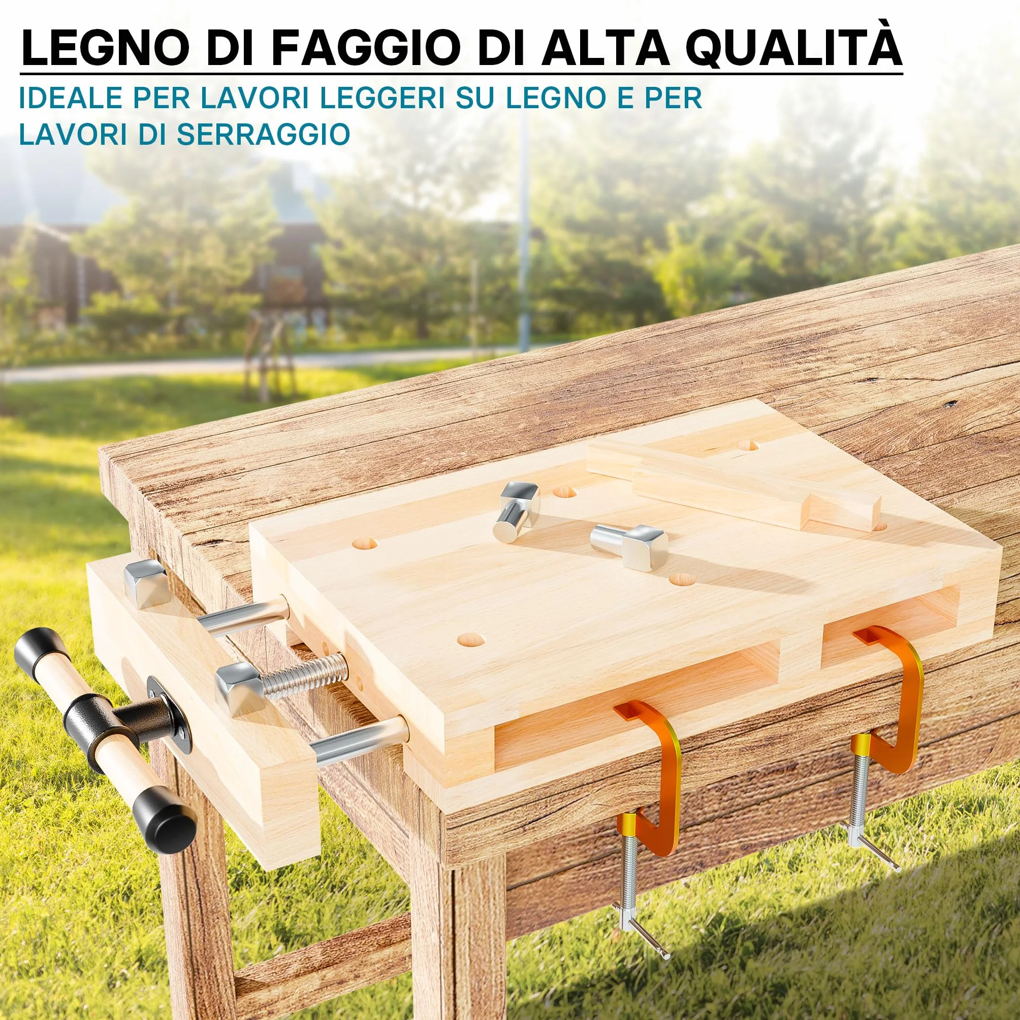 Wiltec Banco da lavoro portatile con morsa Mini tavolo di lavoro mobile in faggio con morsetti