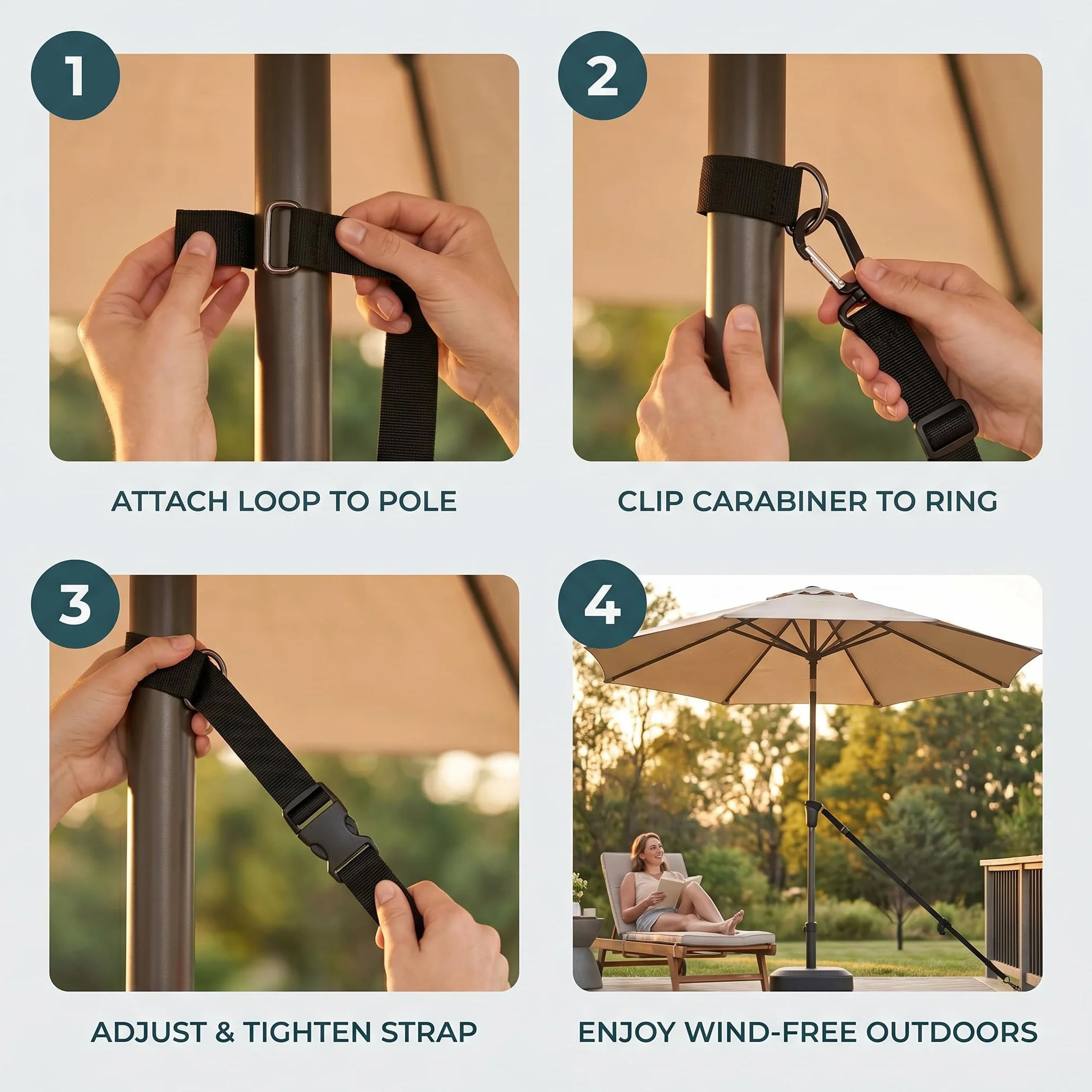 Kit di 5 cinghie antivento per ombrello, corda di fissaggio regolabile in poliestere con fibbia per esterni, patio, ombrellone, anti-oscillazione, per dispositivo stabilizzatore, nero