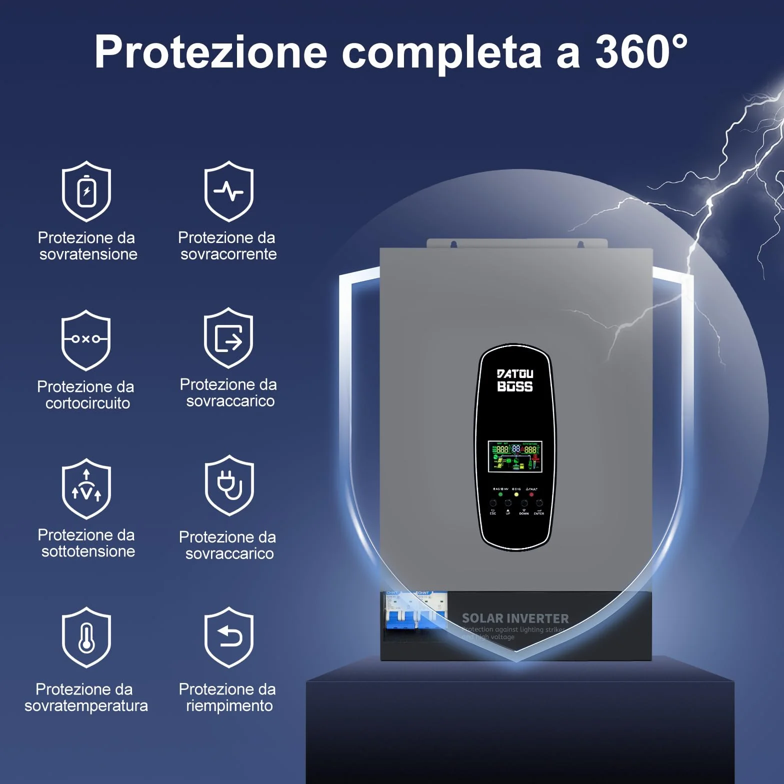 DATOUBOSS 6200W Inverter Ibrido Solare 48V, Onda Pura, Array FV fino a 8500W, Potenza Inverter FV 6500W, Protezione da Fulmini, Avvio Senza Batteria, MPPT Integrato 120A, per Sistemi Off-Grid
