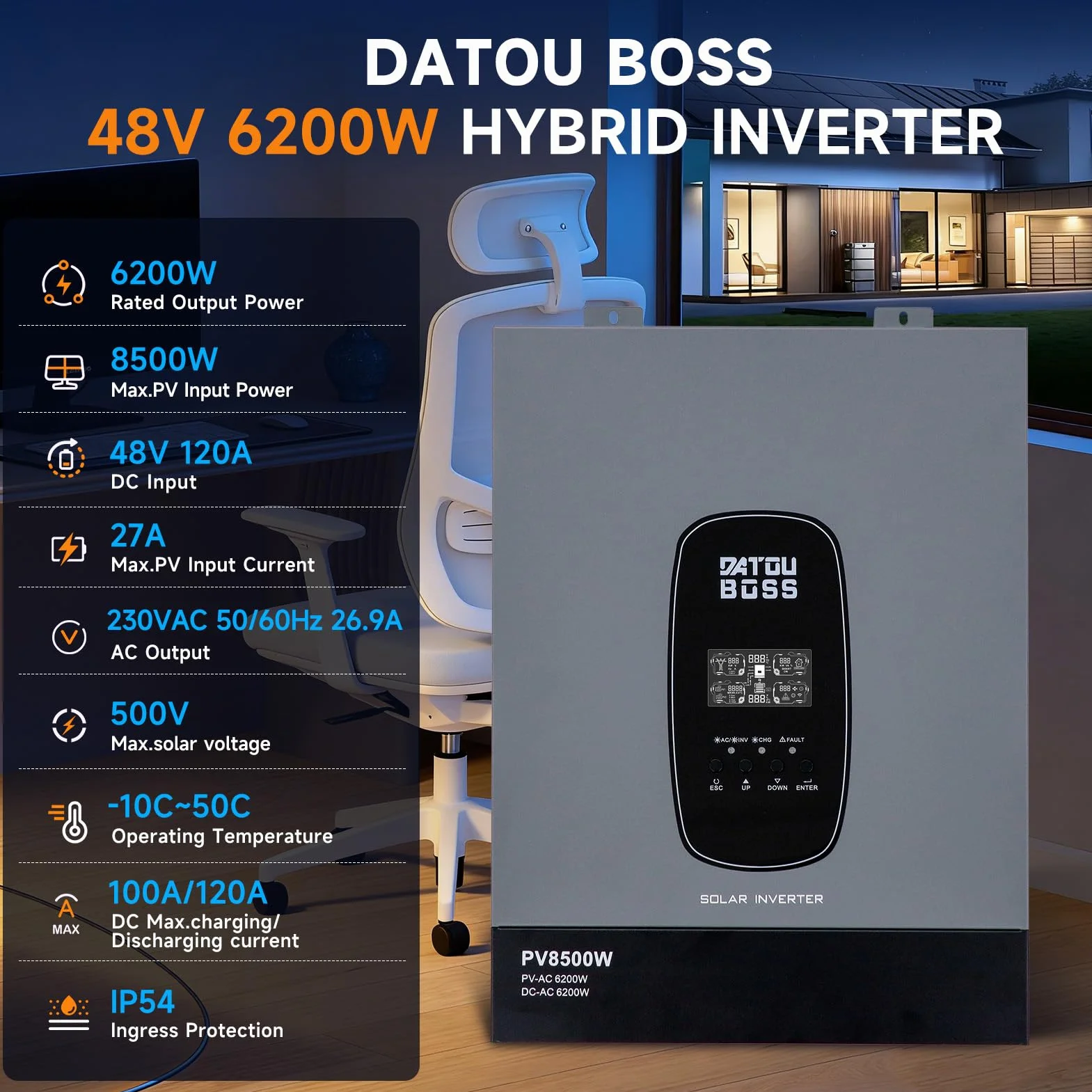 DATOUBOSS Inverter Ibrido Solare 6200W 48V a 230V Onda Sinusoidale Pura, Regolatore MPPT 120A, Compatibile con Batterie al Litio, per Casa, Camper e Impianti Fotovoltaici