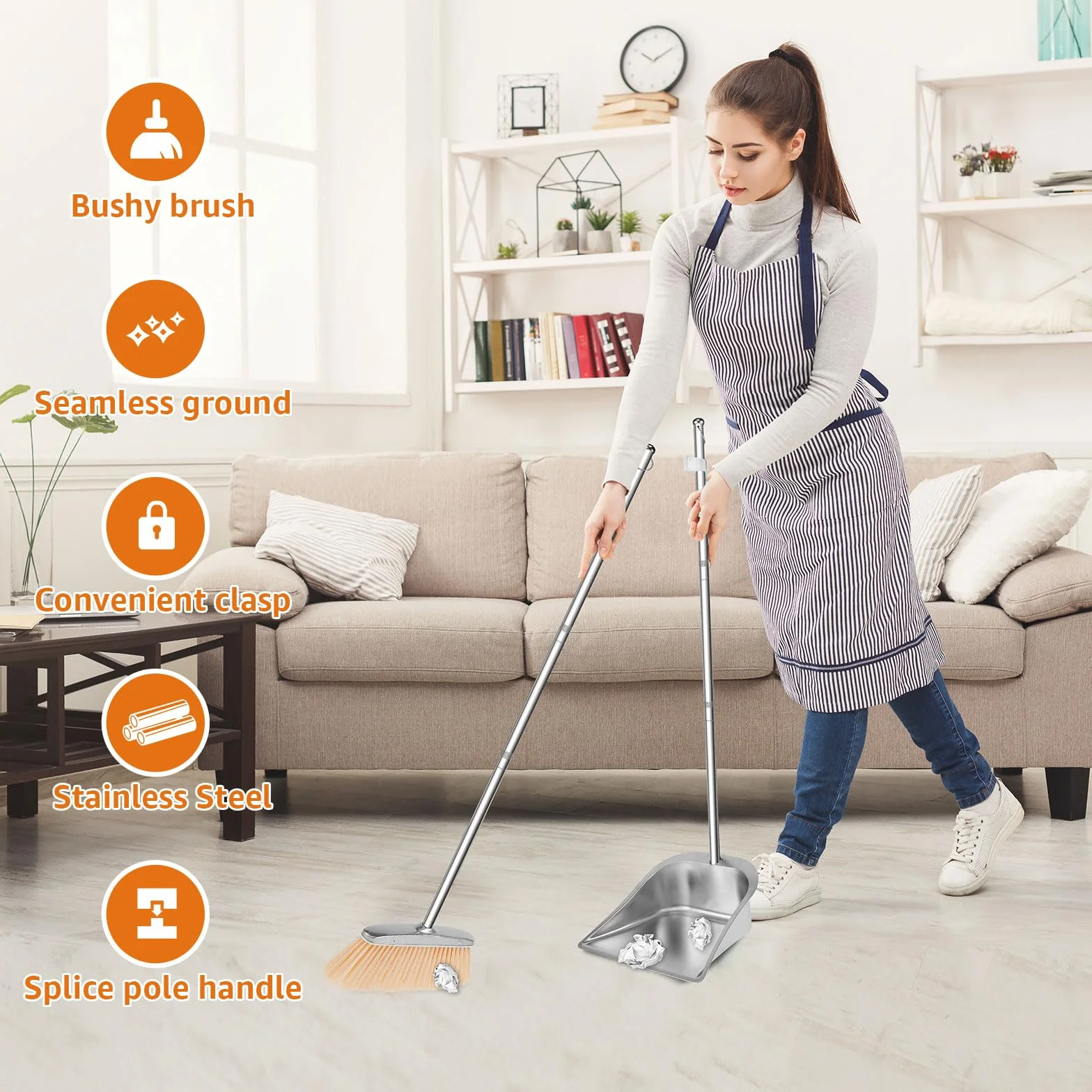 Set di scope e paletta in acciaio inox, paletta verticale e scopa per la pulizia a casa, ufficio, veranda e terrazza (quadrato) Lunghezza manico: 118 cm, prodotto esterno