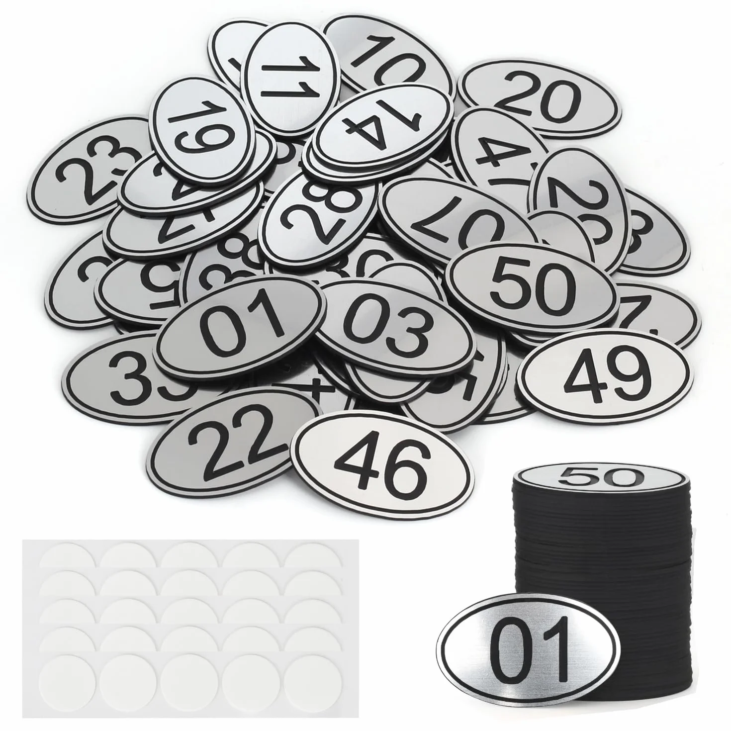 Set di 100 targhette per armadietti con numeri ovali in ABS, incisi, argentate, con nastro biadesivo, da 1 a 100