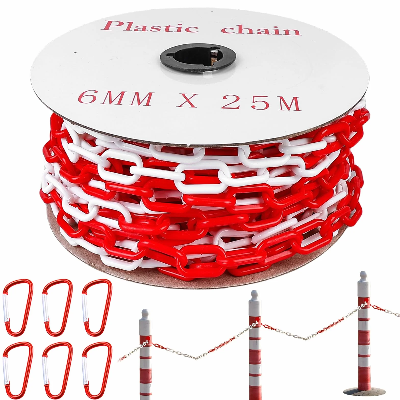 BAIFULAI 25 m di catena, catena di sbarramento da 6 mm rossa/bianca in plastica con 6 moschettoni, catena di plastica/catena di avviso, catena di sicurezza per cantiere, catena a maglie per