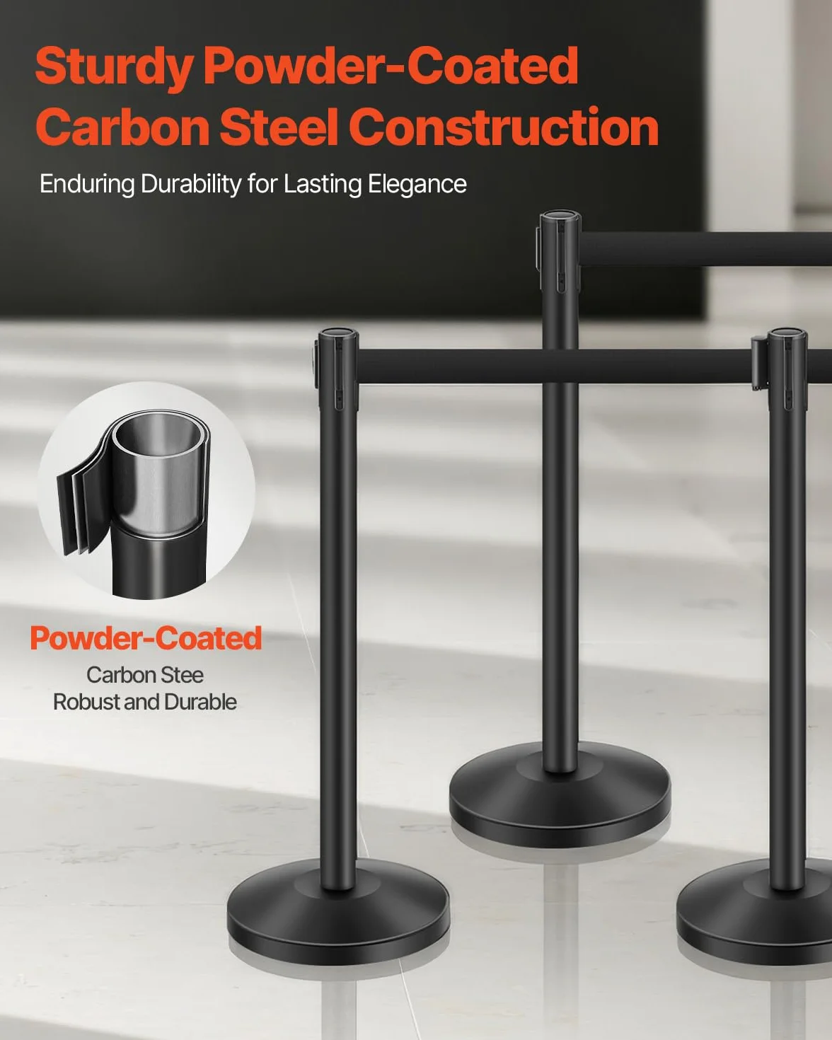 VEVOR Pali per Barriera di Controllo della Folla 315 x 870 mm Supporto per Barriera in Acciaio al Carbonio, Confezione da 6, con 6 Cinghie Retrattili, con Base Cava per Matrimoni, Mostre, Nero