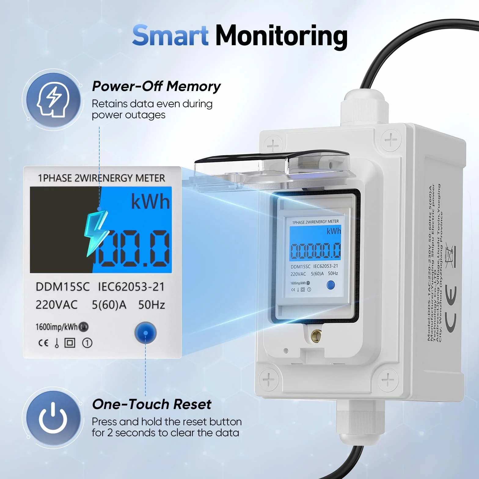 Contatore elettrico digitale portatile 230 V, monitor del consumo di energia con spina industriale/cavo in gomma, monitor di energia portatile impermeabile IP67 per camper/elettricità