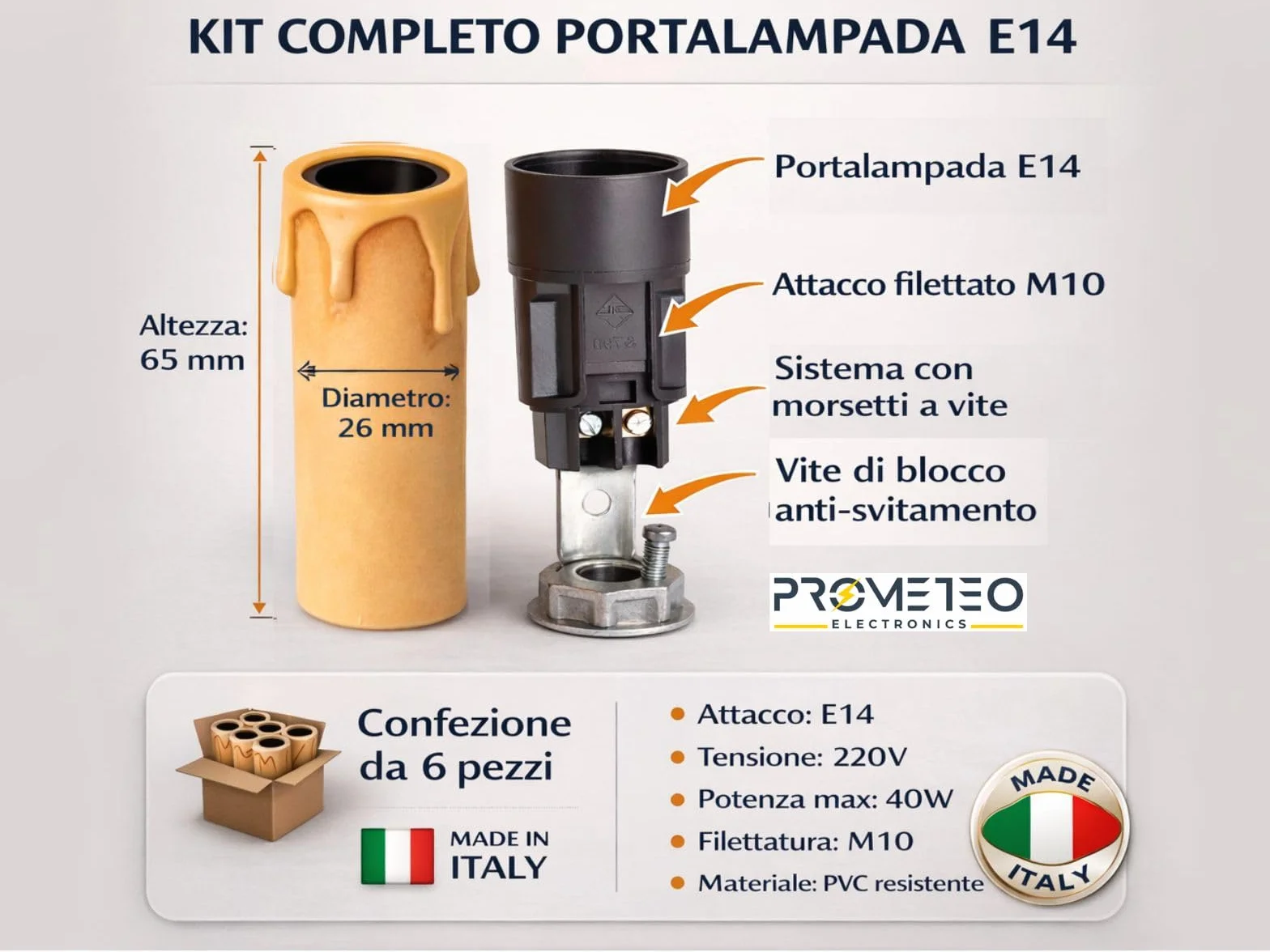 Kit 6 Portalampade E14 Finta Candela Antichizzata – Portalampada Vintage per Lampadari Classici – Attacco E14 con Nipplo M10 e Vite di Sicurezza – H65 mm