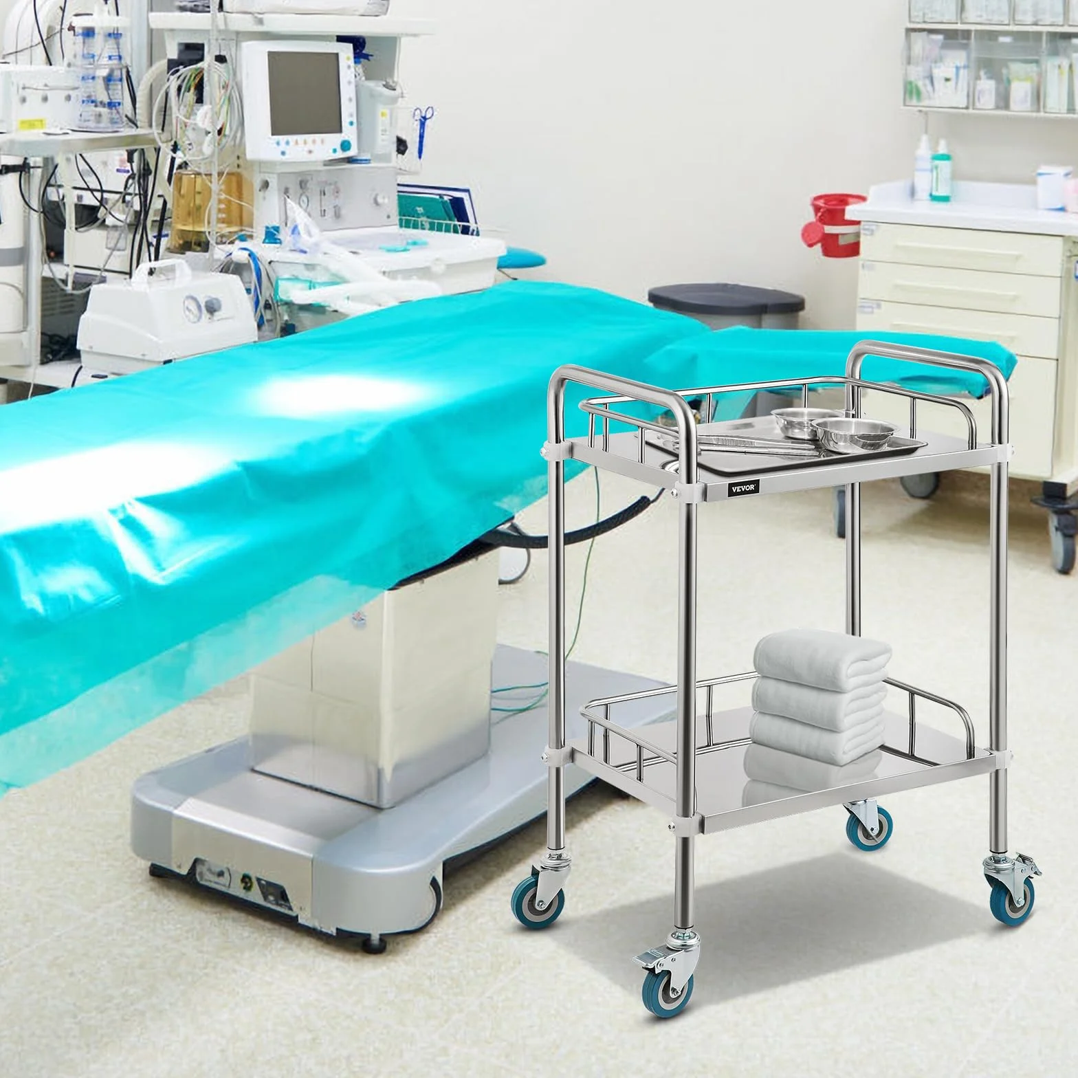 VEVOR Carrello da Laboratorio, 2 Strati Carrello Medico in Acciaio Inox, con 4 Ruote a 360° 2 Freni, Argento, per Ospedale, Farmacia ed Estetica, Laboratori, Salone di Bellezza, Centro di Ricerca