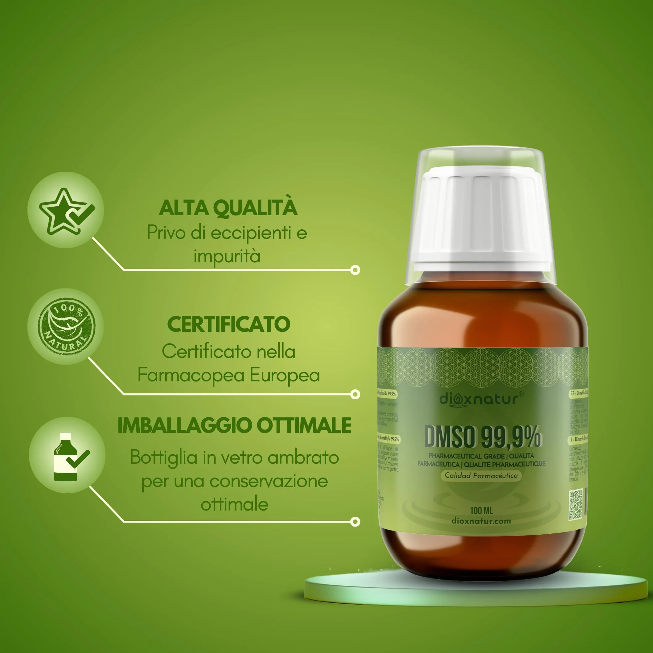 DMSO 99.9% 100ml Dimetilsolfossido grado farmaceutico flacone vetro ambrato misurino